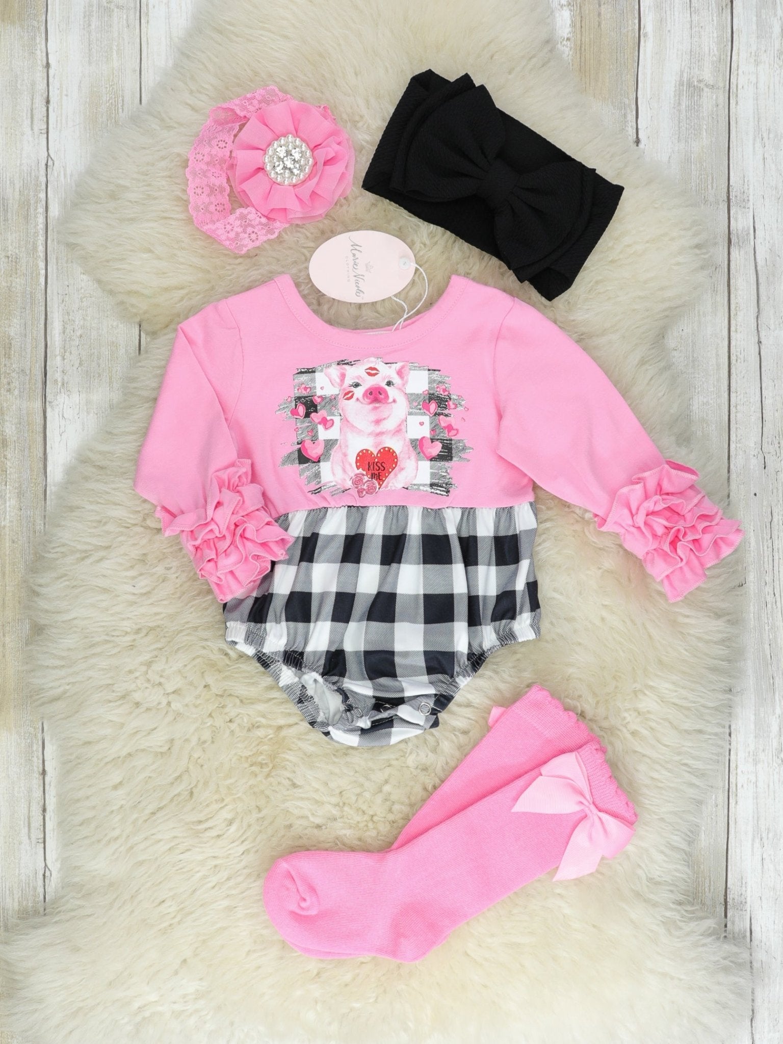 Pink Buffalo Plaid Piggy Icing Romper With Socks - Marie Nicole Clothing