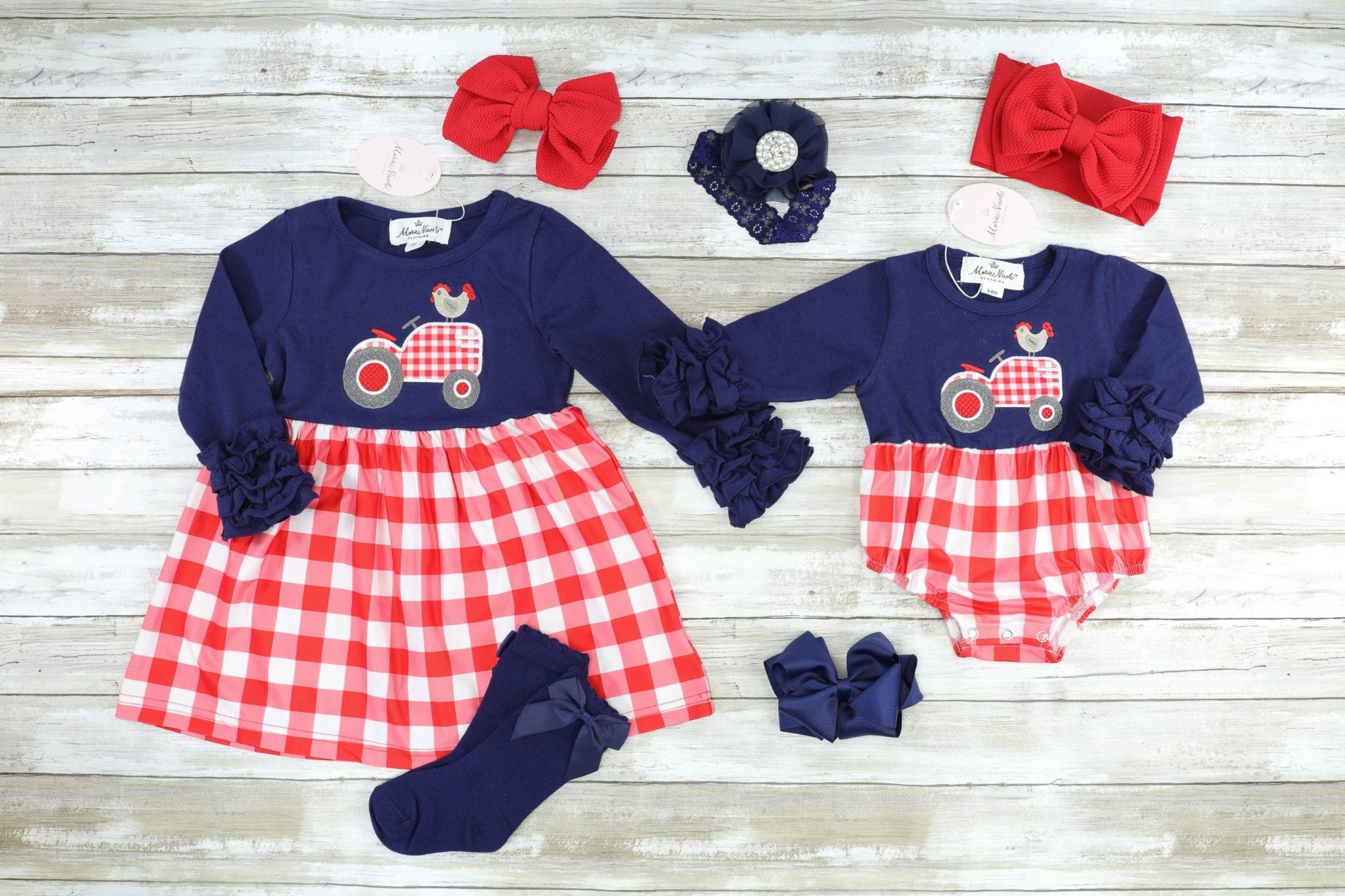 Chicken On A Tractor Navy Icing Check Bubble Romper - Marie Nicole Clothing