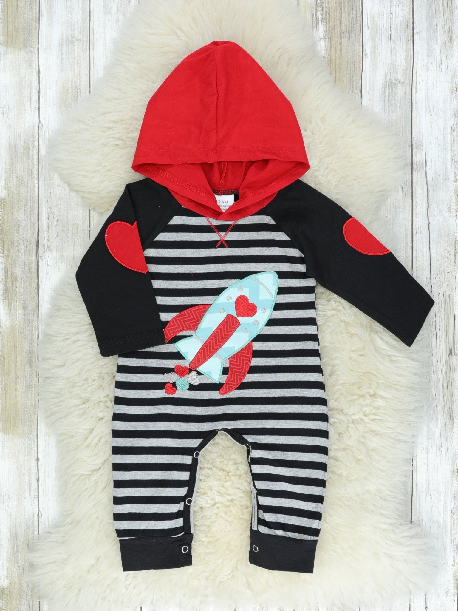 Red & Black Striped Love Rocket Romper - Marie Nicole Clothing