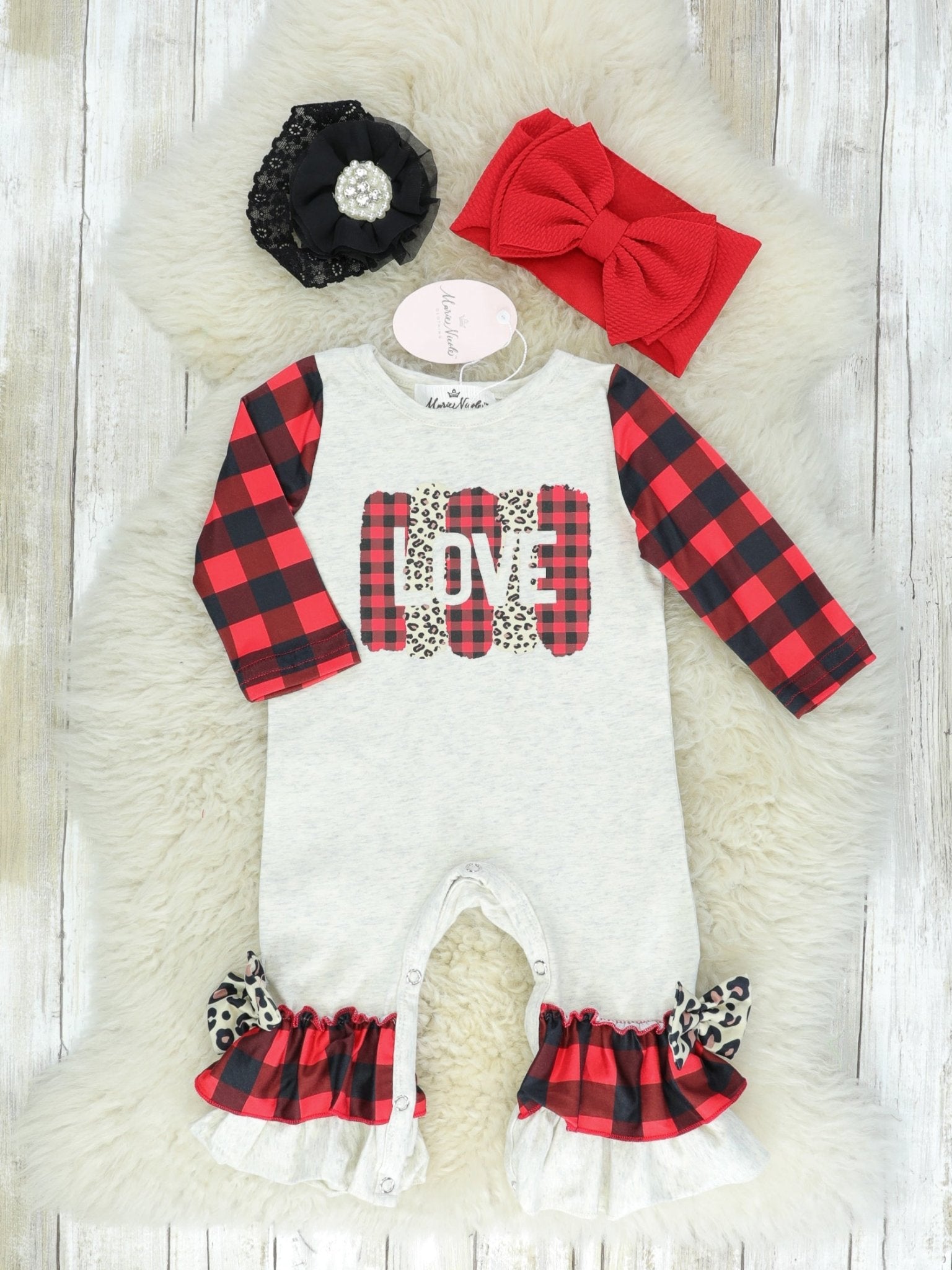 Buffalo Plaid Love Ruffle Romper - Marie Nicole Clothing
