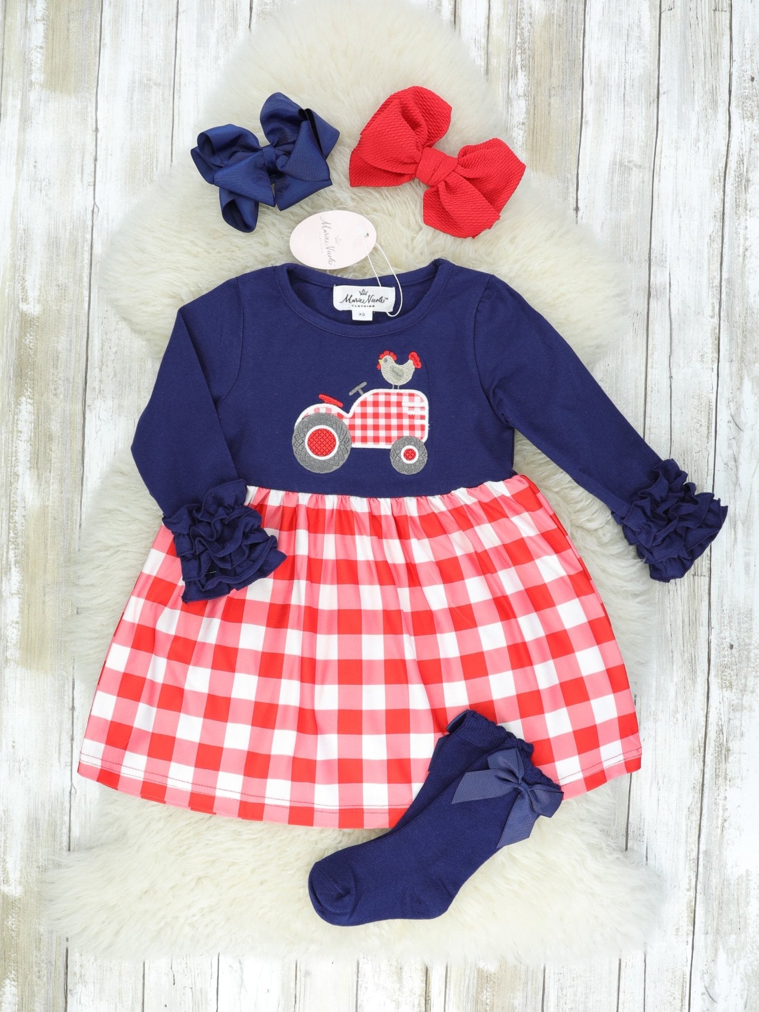 Chicken On A Tractor Navy Icing Check Dress With Socks - Marie Nicole Clothing