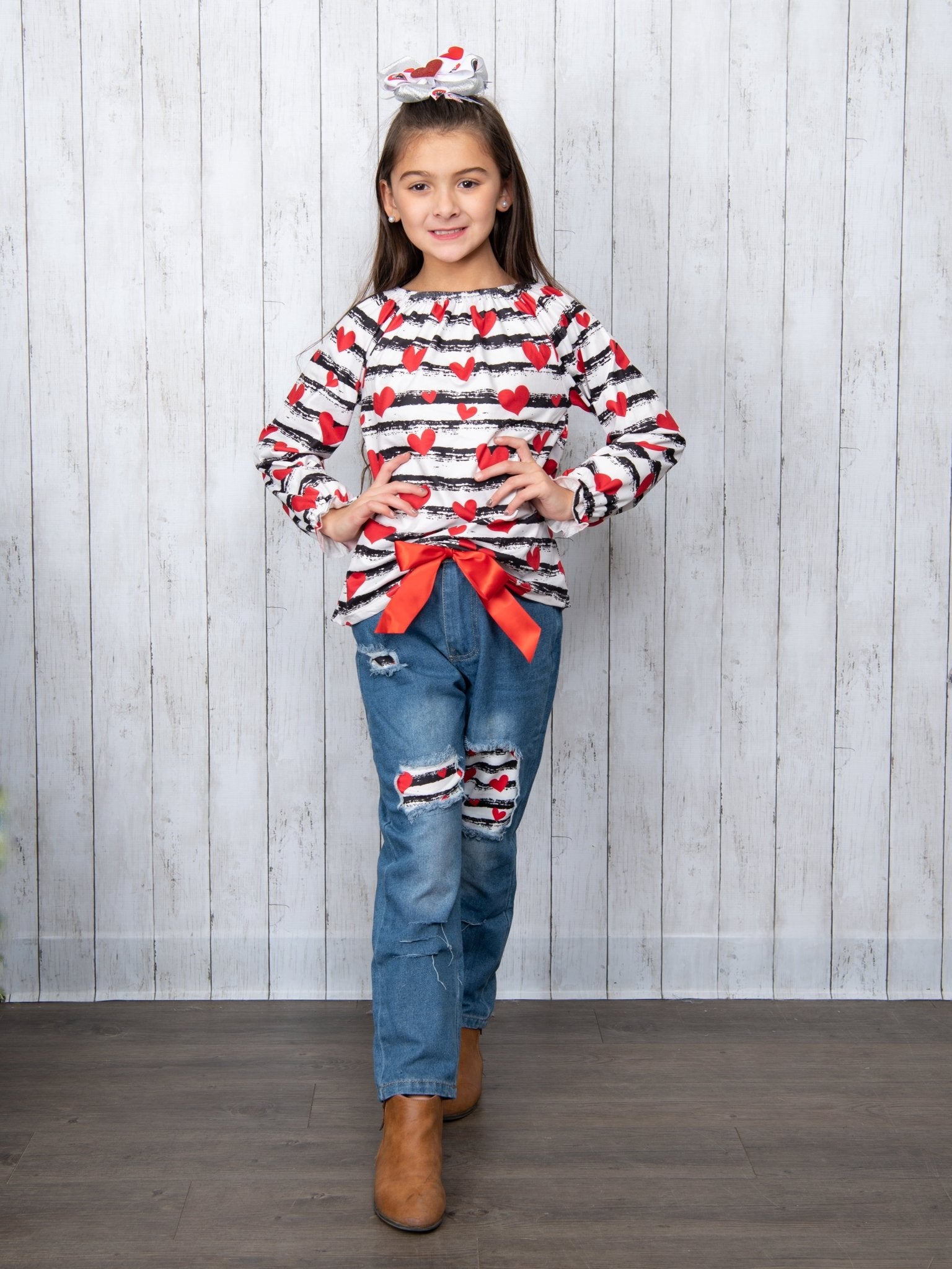 Striped Heart Top & Distressed Denim Outfit - Marie Nicole Clothing