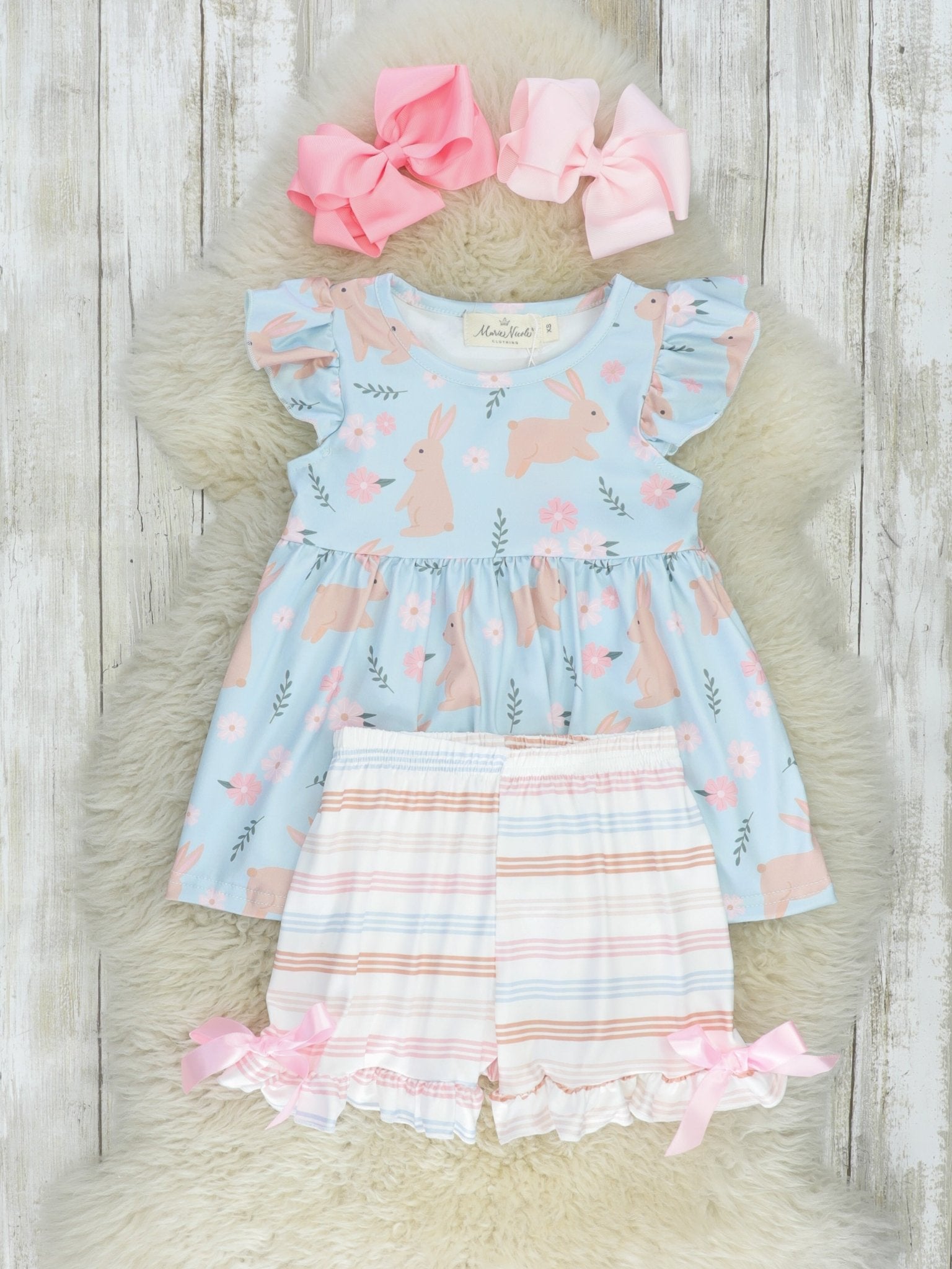 Soft Stripes & Bunnies Outfit - Marie Nicole Clothing
