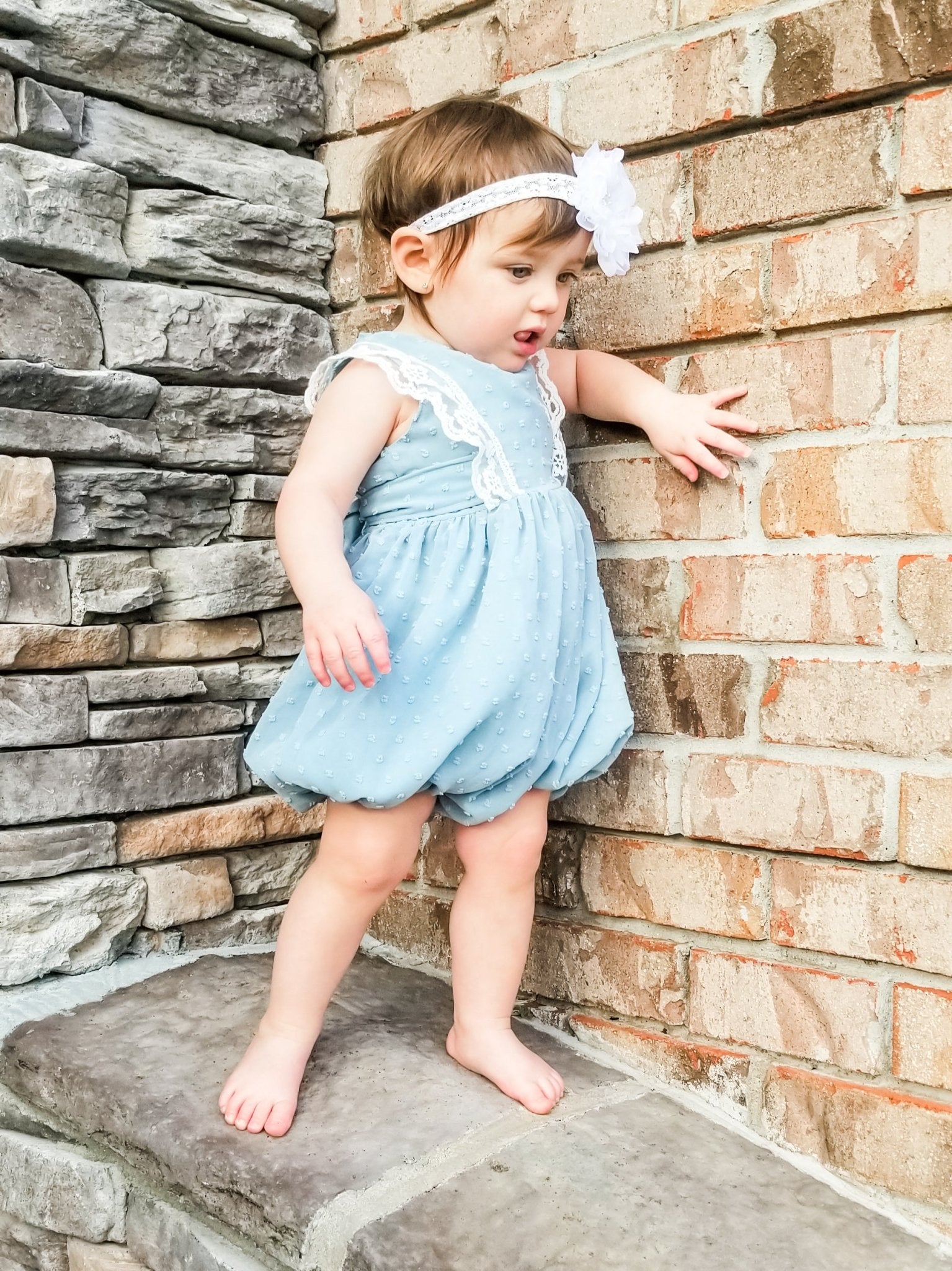 Ash Blue Lace Swiss Dot Bubble Romper - Marie Nicole Clothing