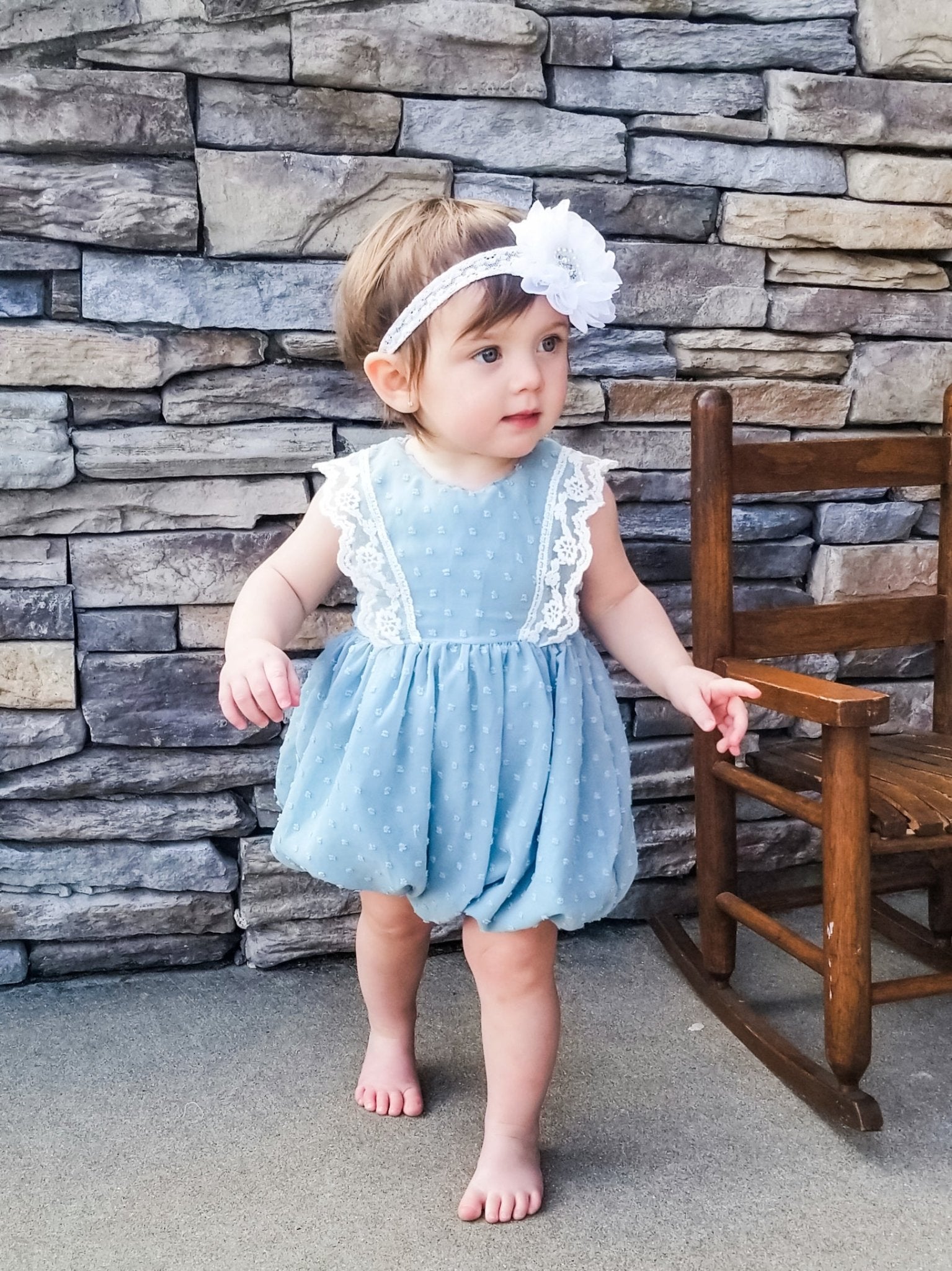 Ash Blue Lace Swiss Dot Bubble Romper - Marie Nicole Clothing