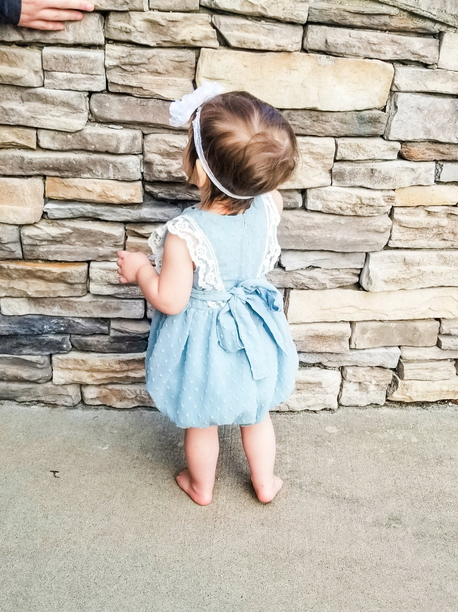 Ash Blue Lace Swiss Dot Bubble Romper - Marie Nicole Clothing