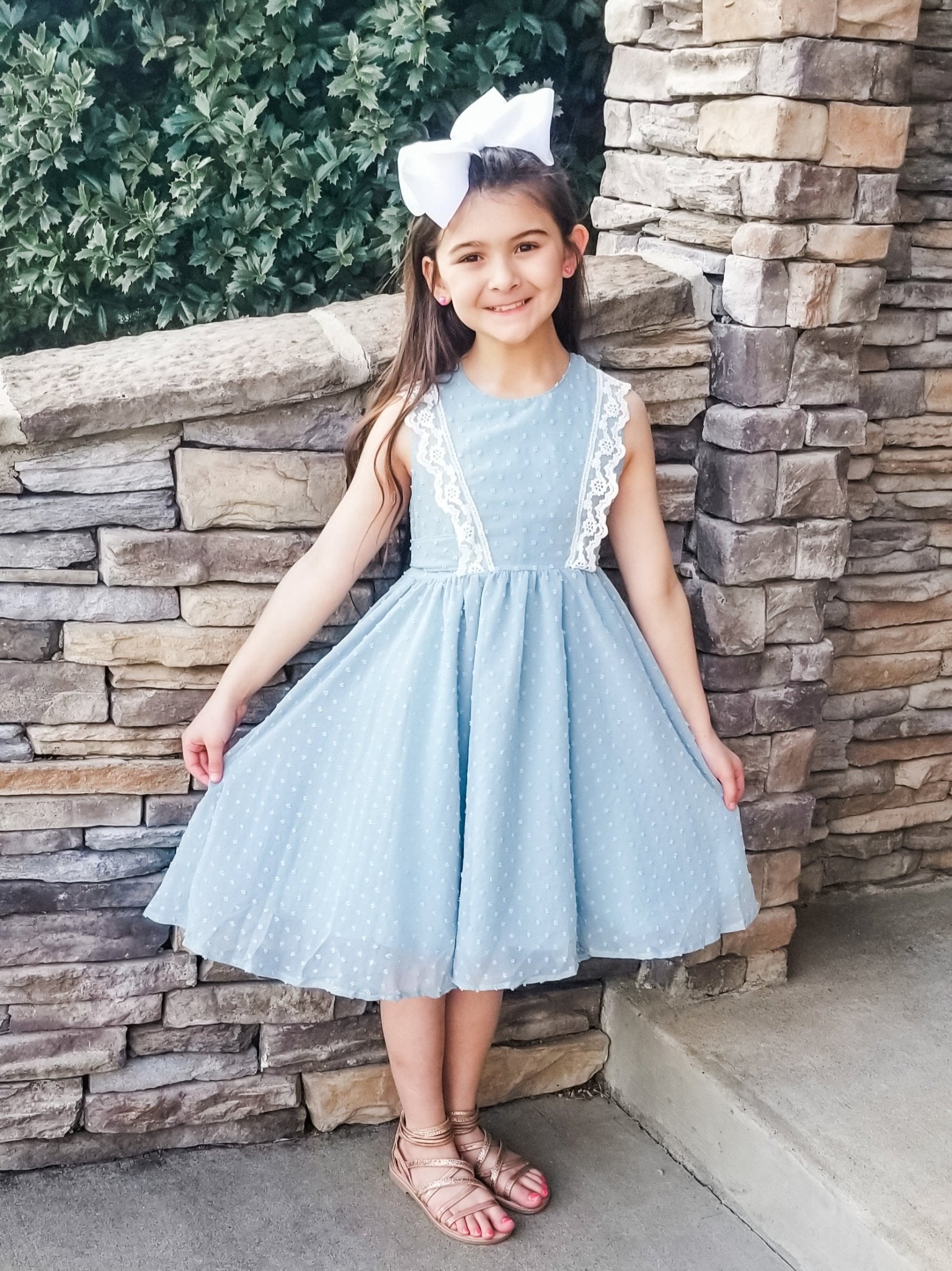 Ash Blue Lace Swiss Dot Dress - Marie Nicole Clothing