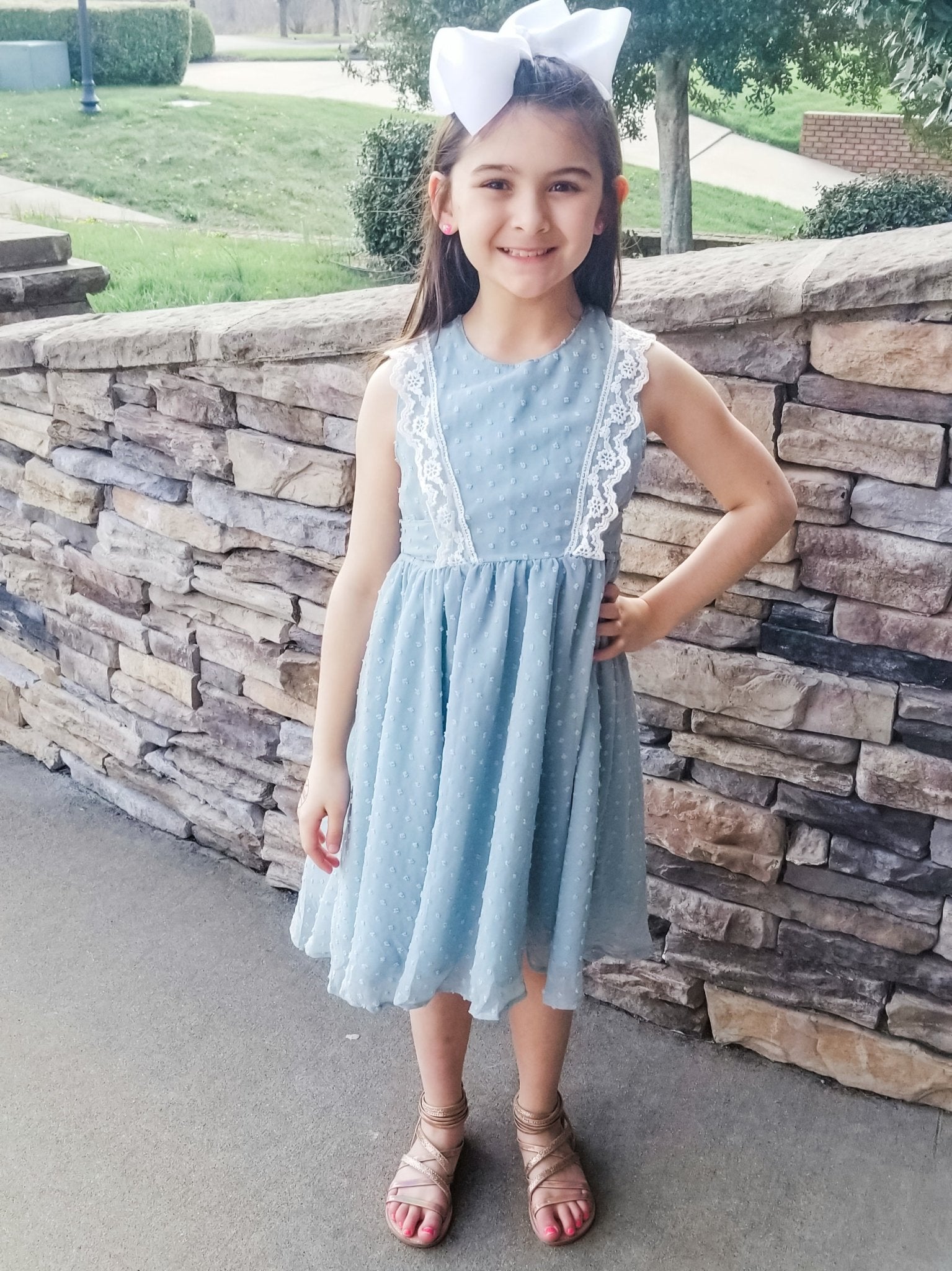 Ash Blue Lace Swiss Dot Dress - Marie Nicole Clothing