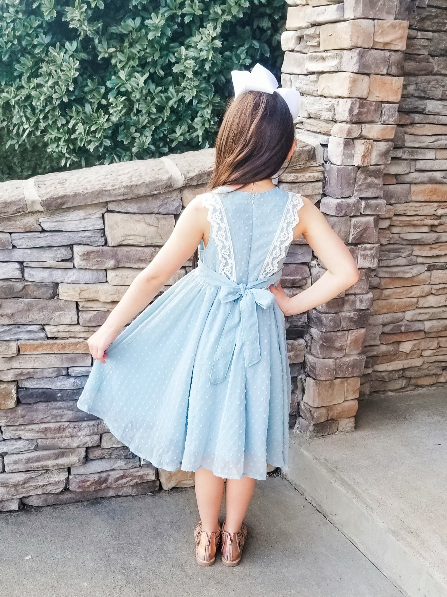 Ash Blue Lace Swiss Dot Dress - Marie Nicole Clothing