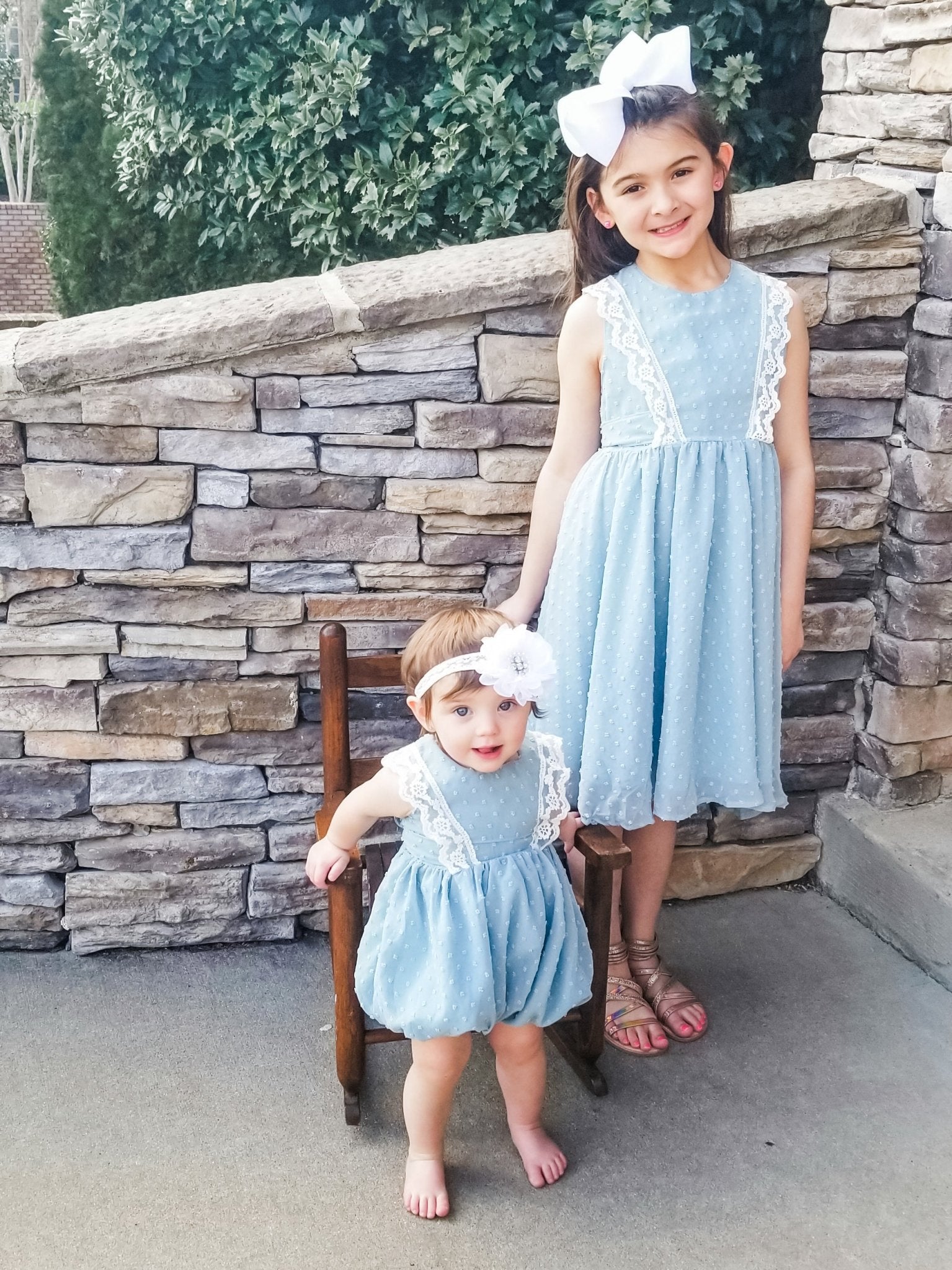 Ash Blue Lace Swiss Dot Bubble Romper - Marie Nicole Clothing