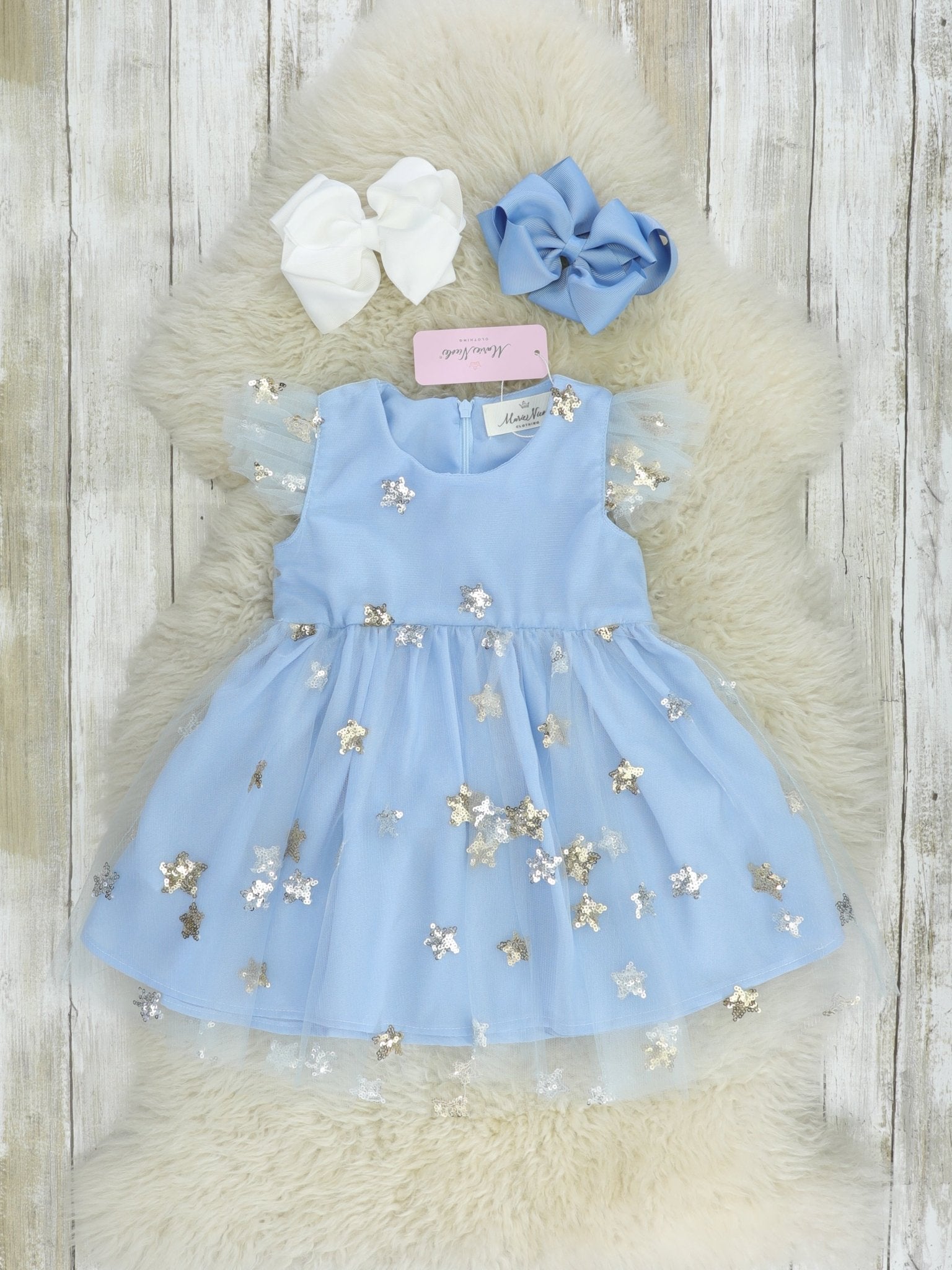 Blue Grey Sequin Star Tulle Dress - Marie Nicole Clothing