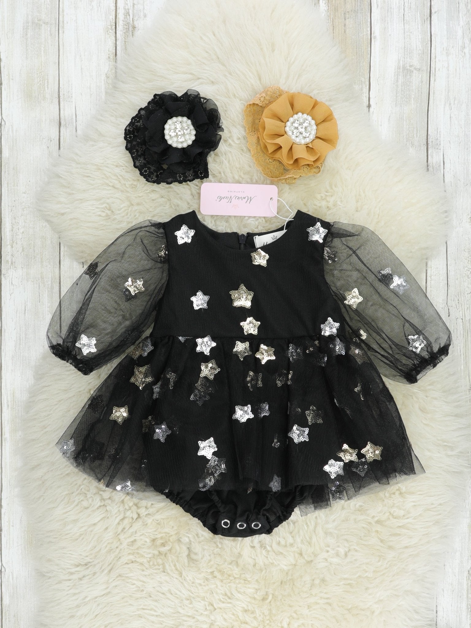 Black Sequin Star Tulle Bubble Romper - Marie Nicole Clothing