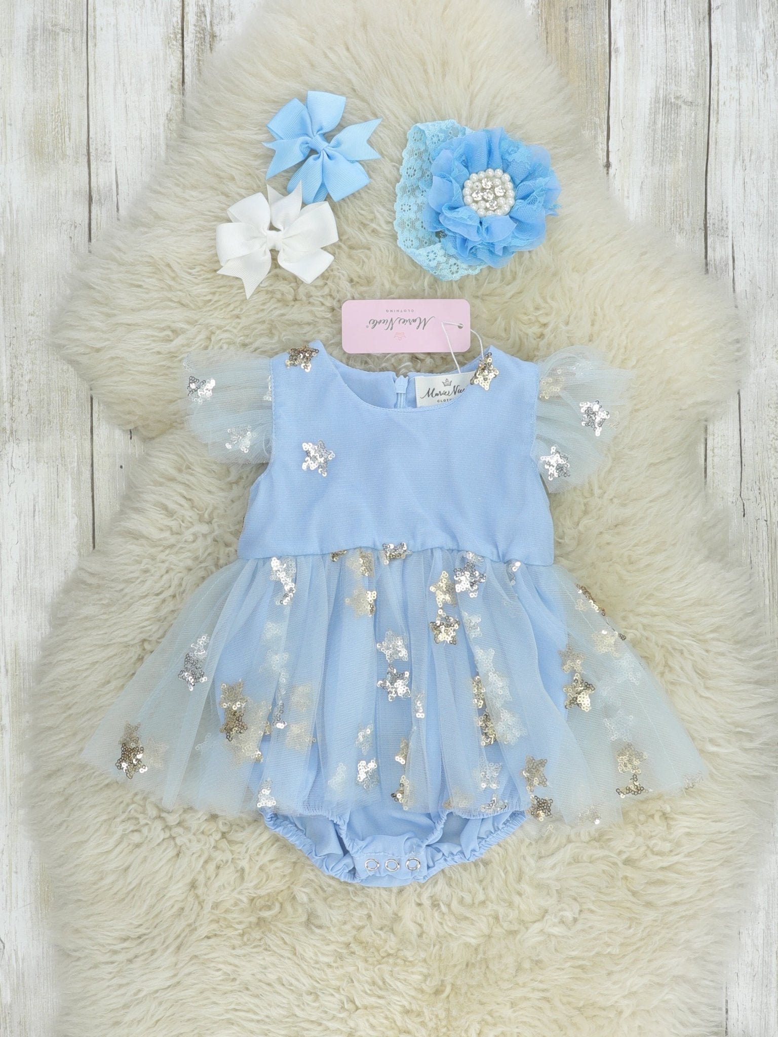 Blue Grey Sequin Star Tulle Bubble Romper - Marie Nicole Clothing