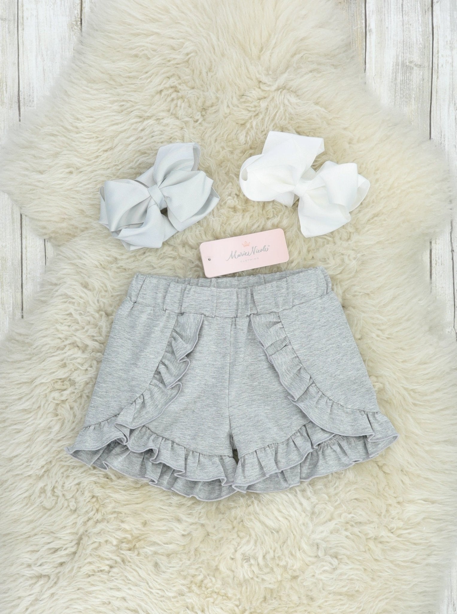 Heather Grey Ruffle Trim Cotton Shorts - Marie Nicole Clothing