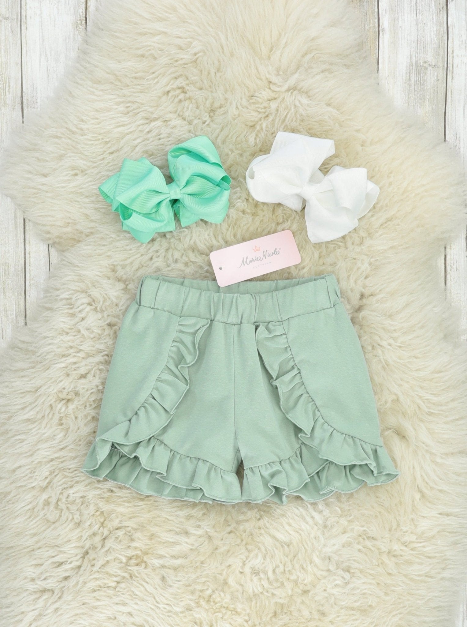 Mint Ruffle Trim Cotton Shorts - Marie Nicole Clothing