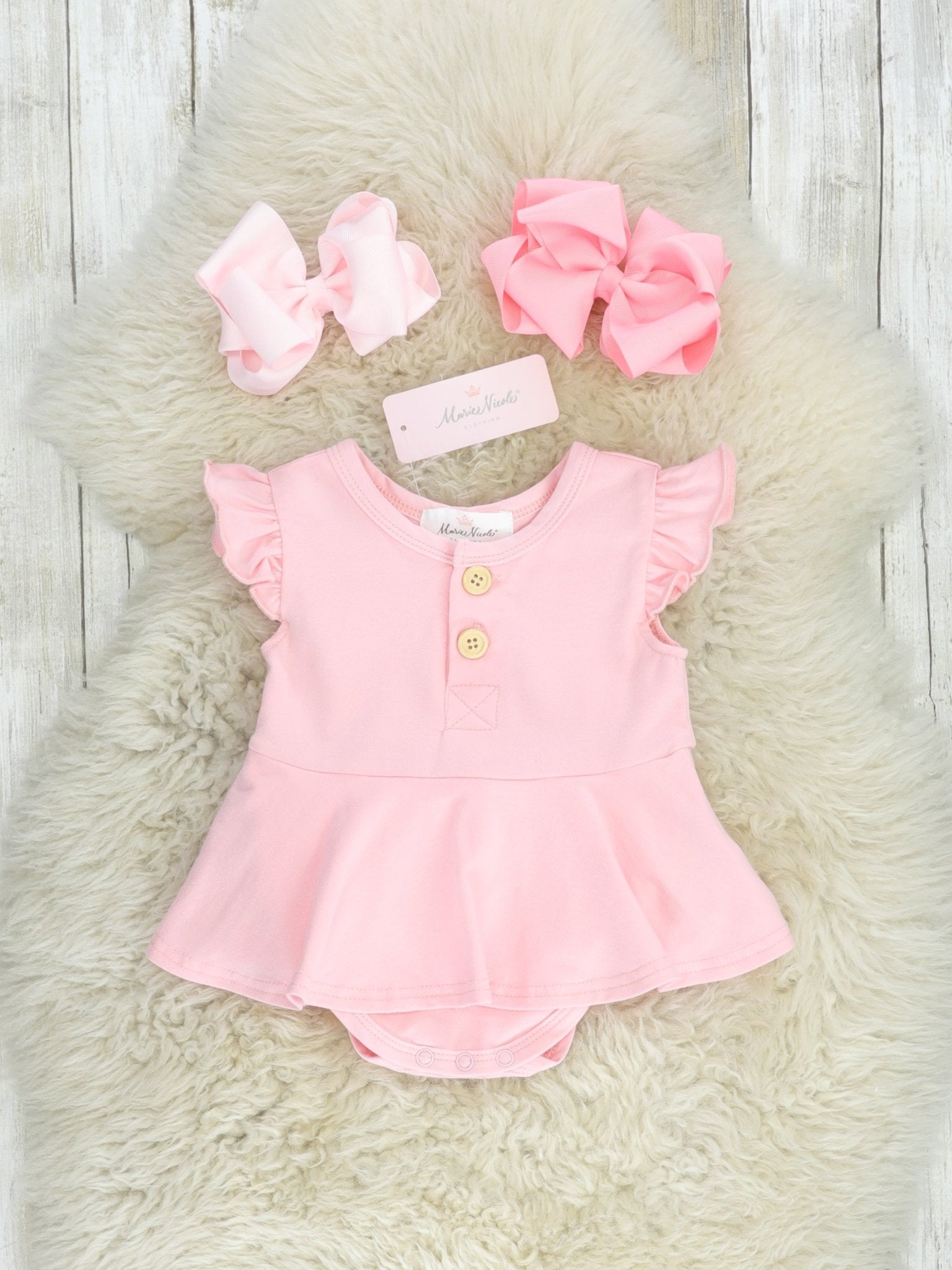 Baby Pink Cotton Flutter Sleeve Peplum Bubble Romper - Marie Nicole Clothing