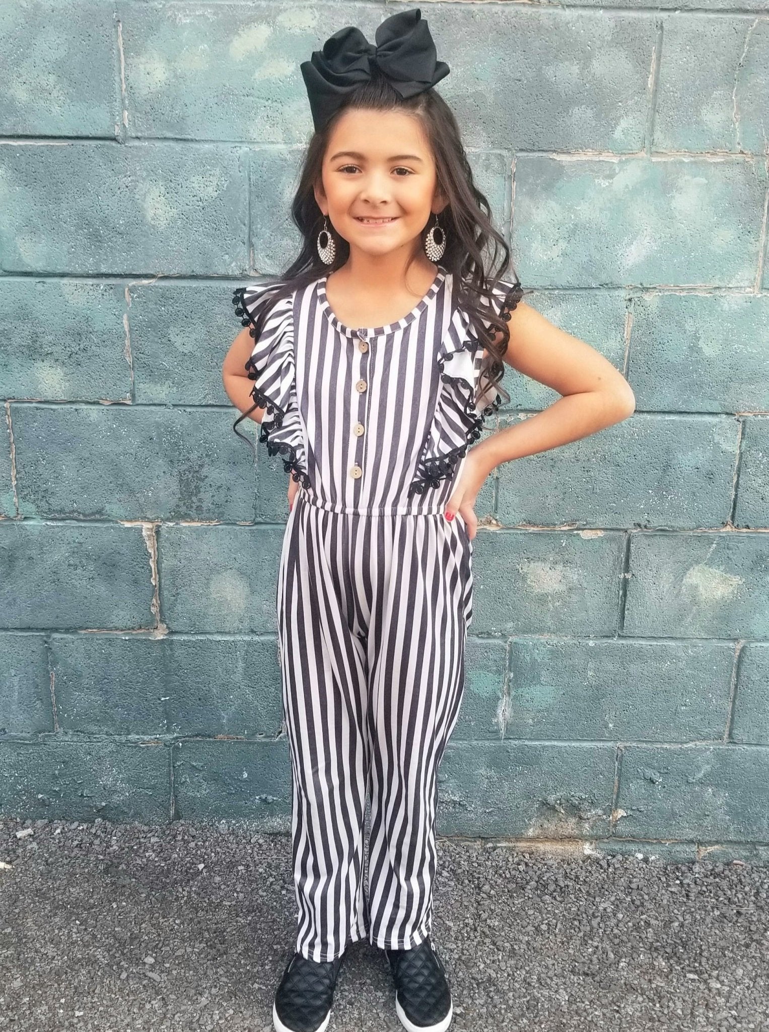 Black & White Striped Ruffle Jumpsuit / Romper - Marie Nicole Clothing
