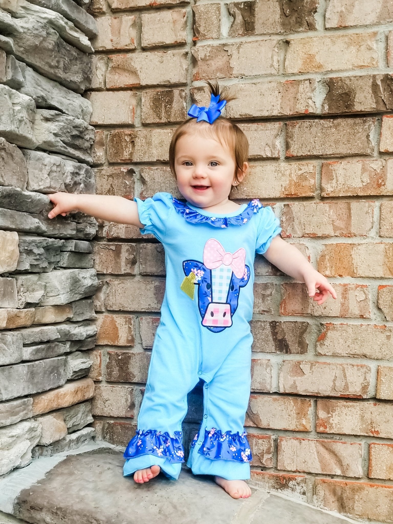 Blue Cow Ruffle Romper - Marie Nicole Clothing