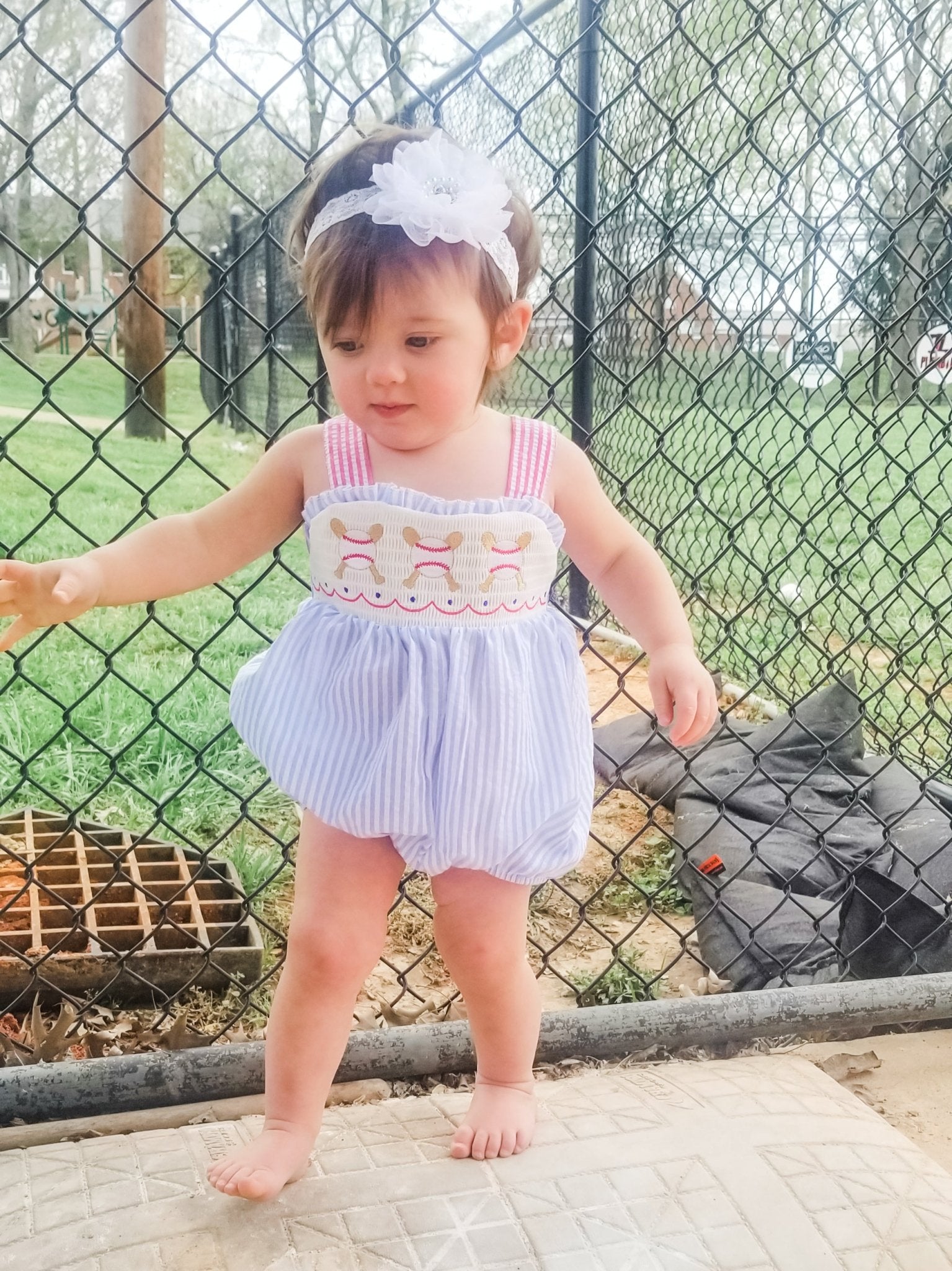 Blue Pinstriped Baseball Bubble Romper - Marie Nicole Clothing