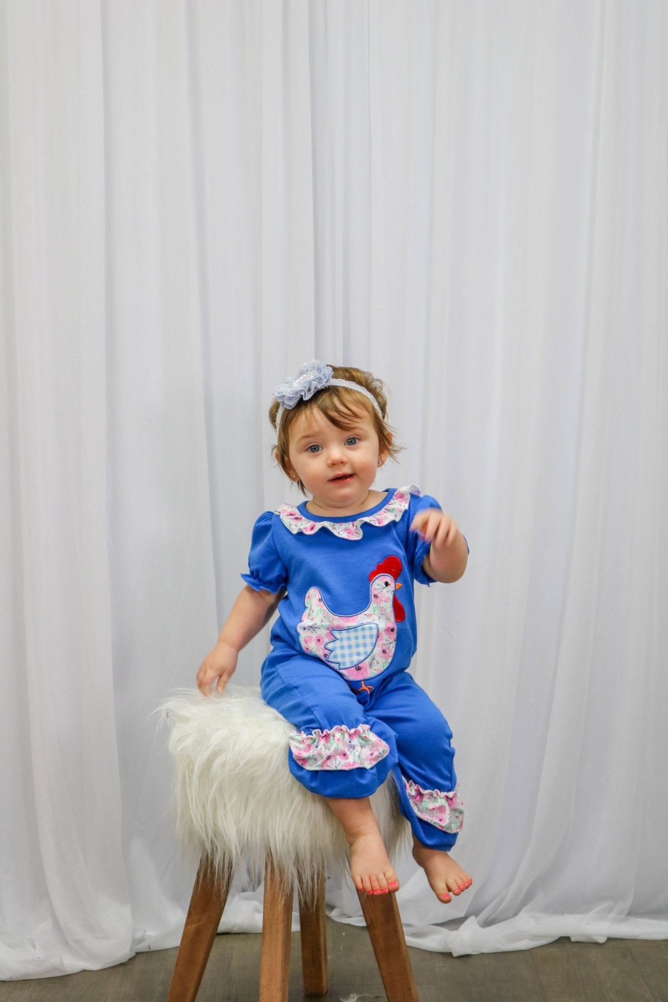 Blue Spring Chicken Ruffle Romper - Marie Nicole Clothing