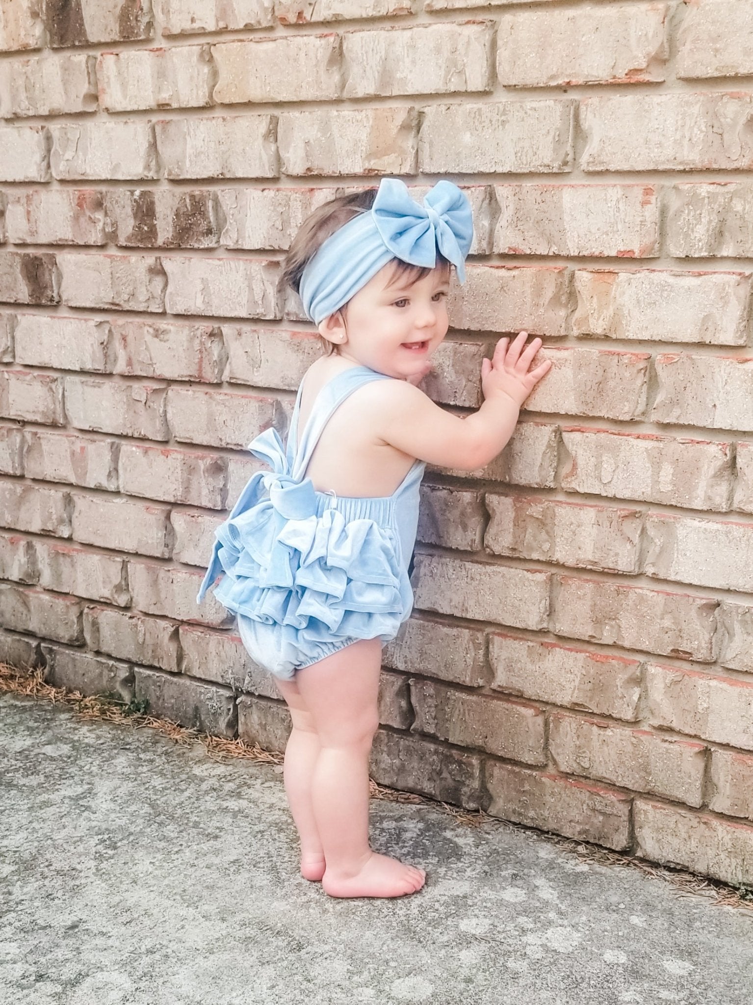 Blue Velvet Ruffle Bubble With Headband - Marie Nicole Clothing