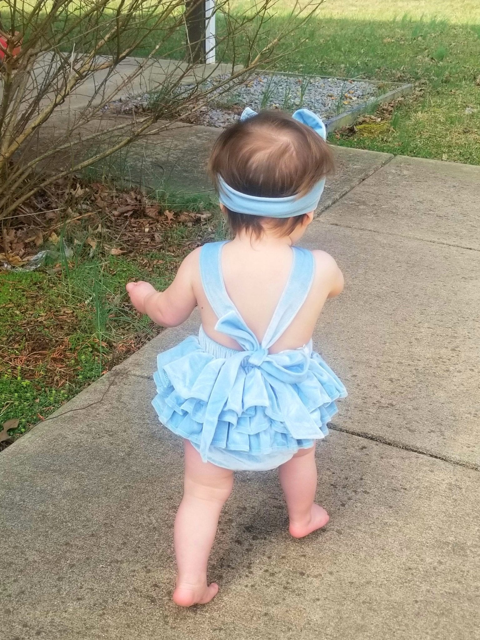 Blue Velvet Ruffle Bubble With Headband - Marie Nicole Clothing