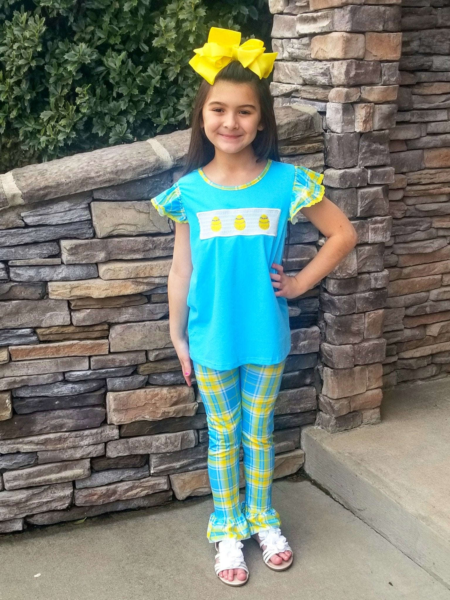 Blue, Green, & Yellow Plaid Easter Egg Smocked Ruffle Outfit - Marie Nicole Clothing