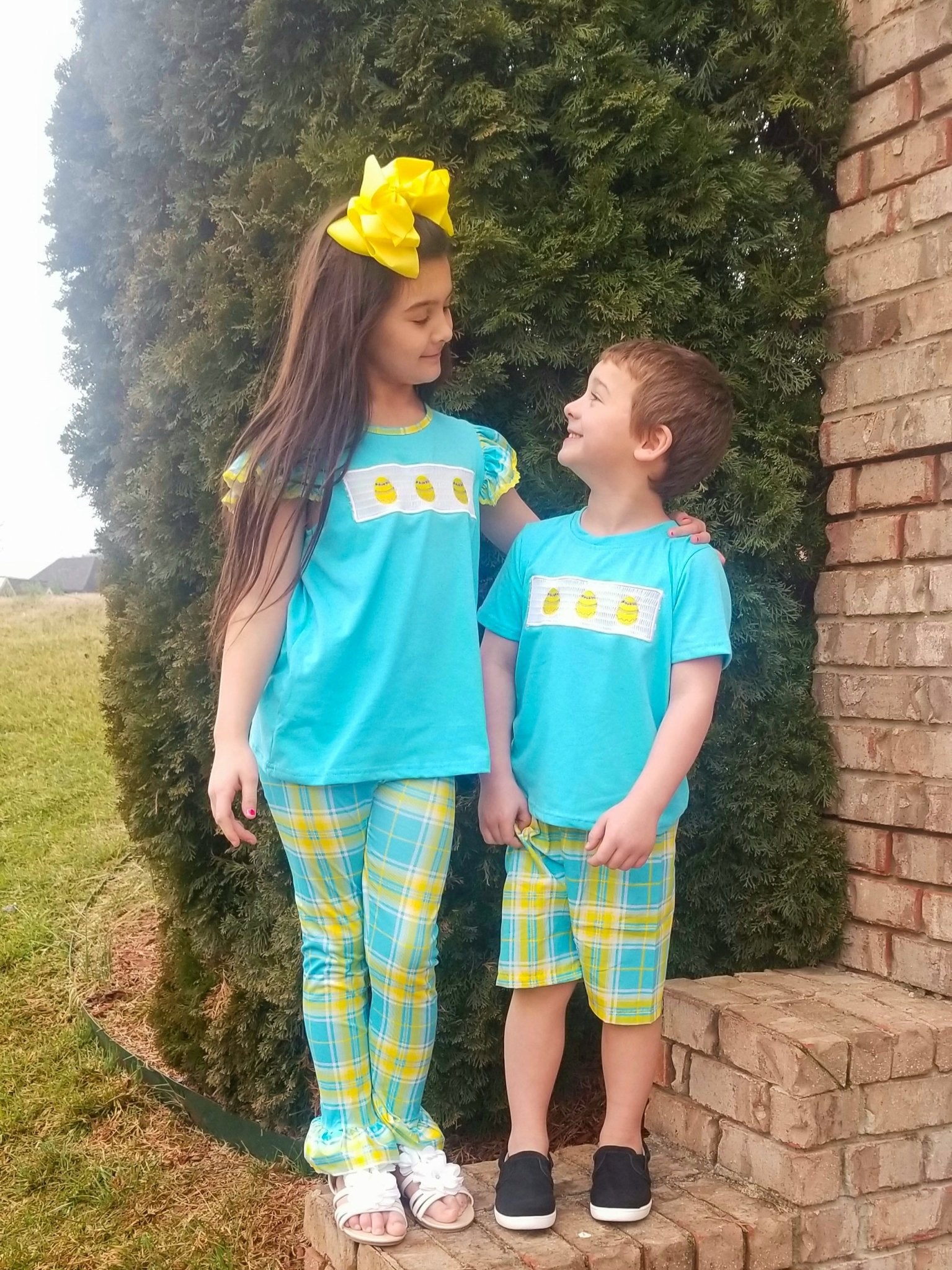 Blue, Green, & Yellow Plaid Easter Egg Smocked Outfit - Marie Nicole Clothing