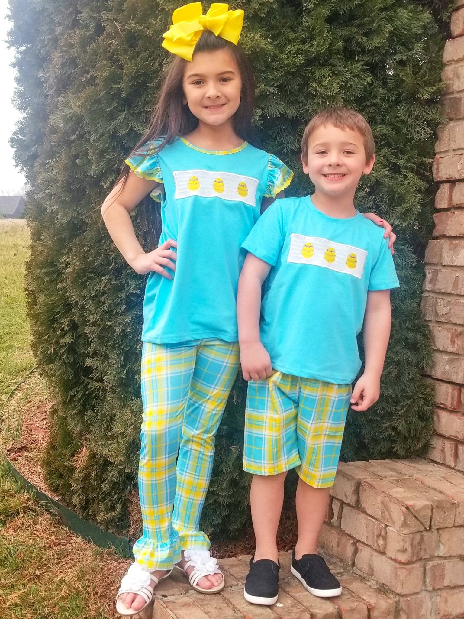 Blue, Green, & Yellow Plaid Easter Egg Smocked Outfit - Marie Nicole Clothing