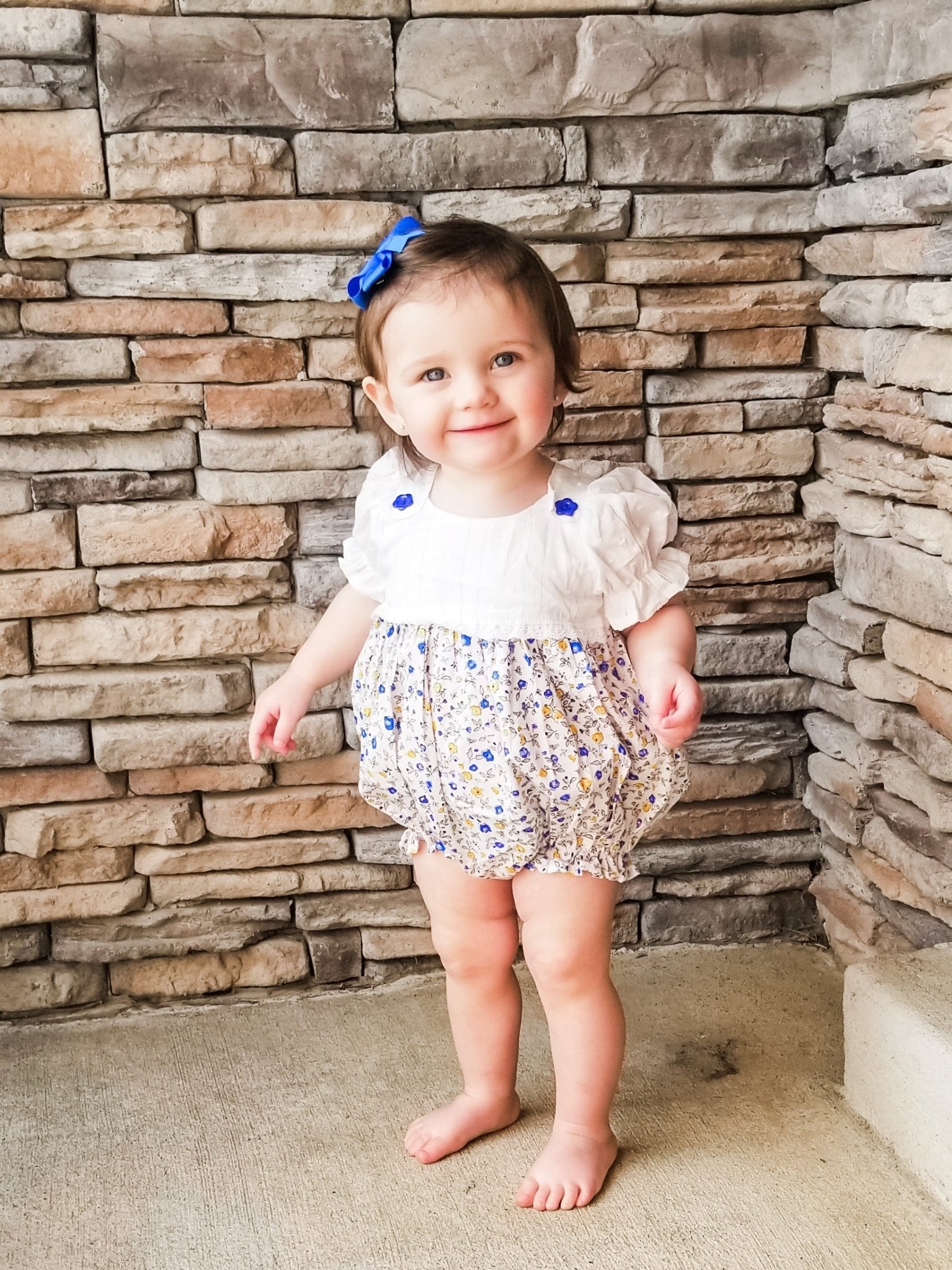 Blue & Yellow Floral Spring Bubble Romper - Marie Nicole Clothing