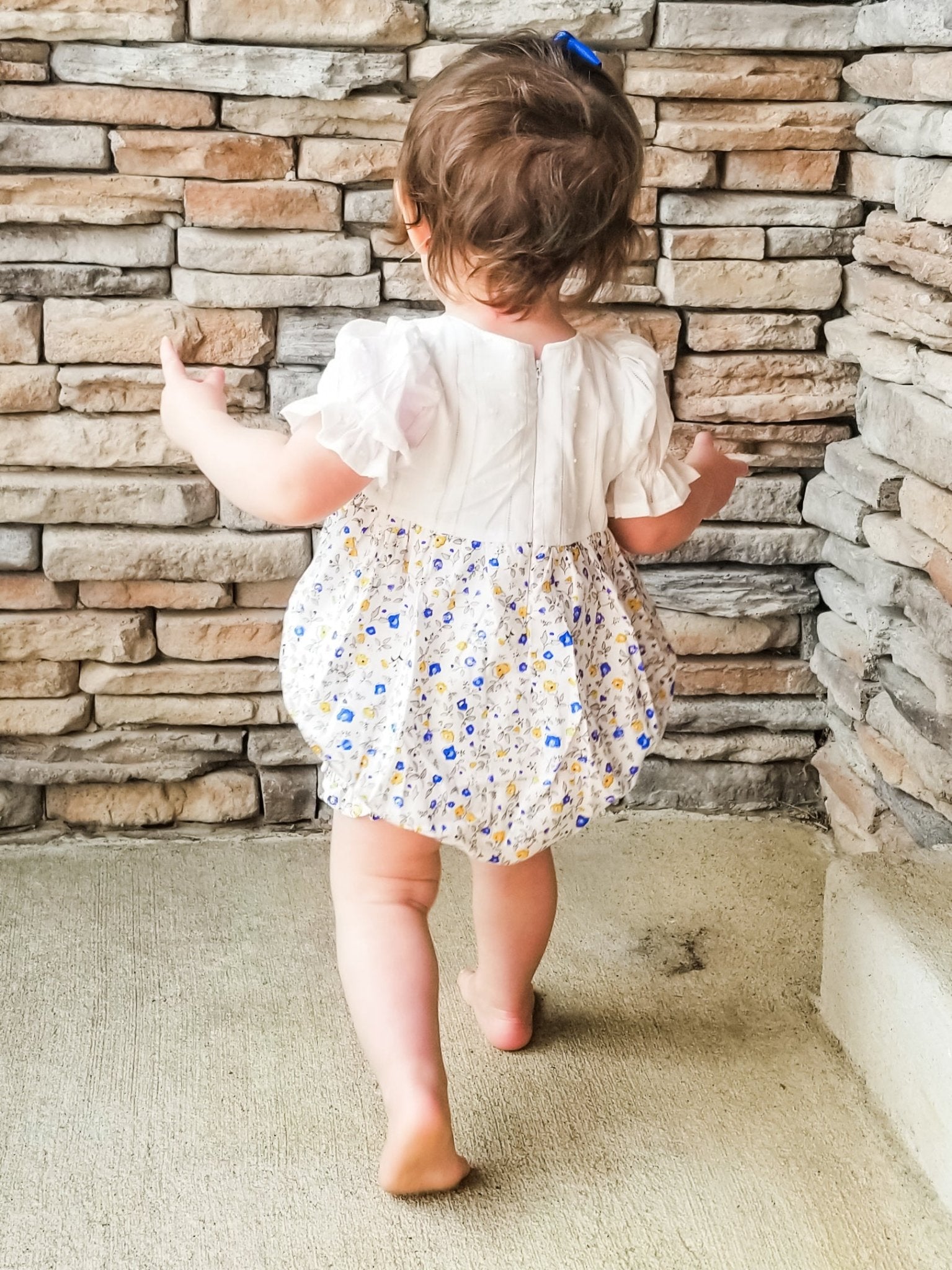 Blue & Yellow Floral Spring Bubble Romper - Marie Nicole Clothing