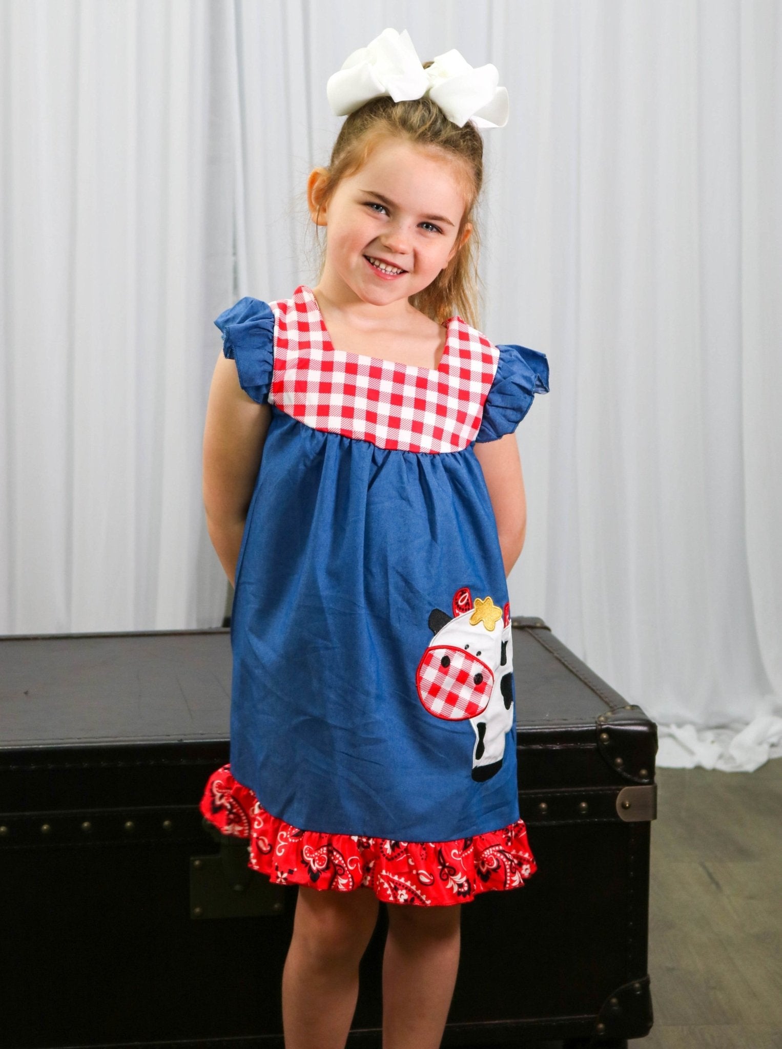 Chambray Bandana Cow Ruffle Dress - Marie Nicole Clothing