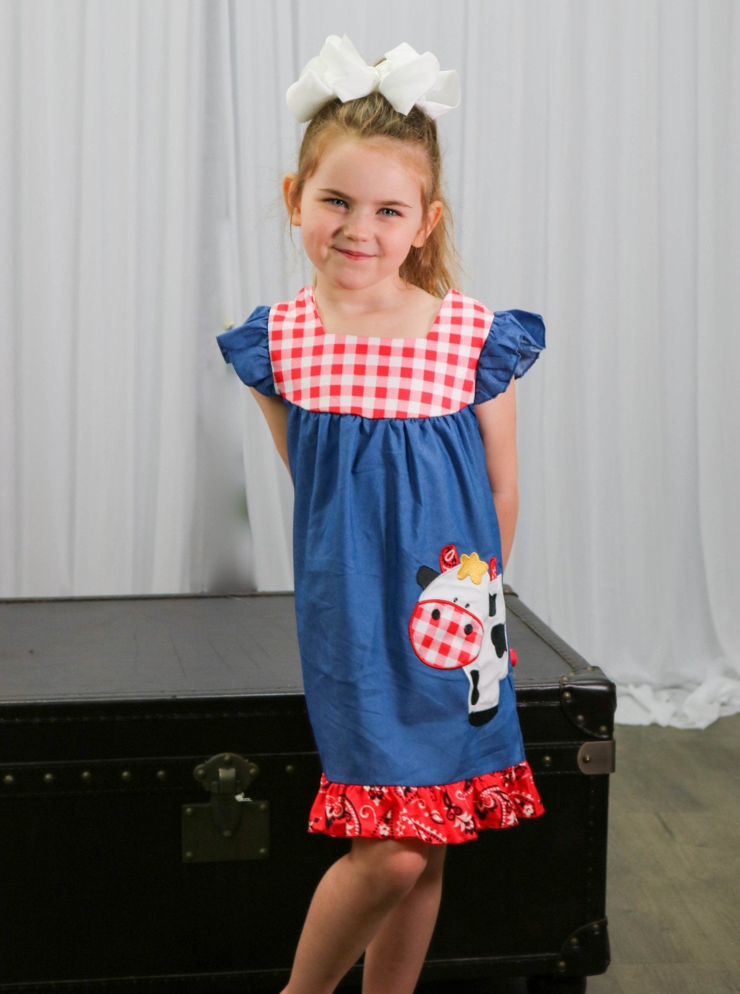 Chambray Bandana Cow Ruffle Dress - Marie Nicole Clothing