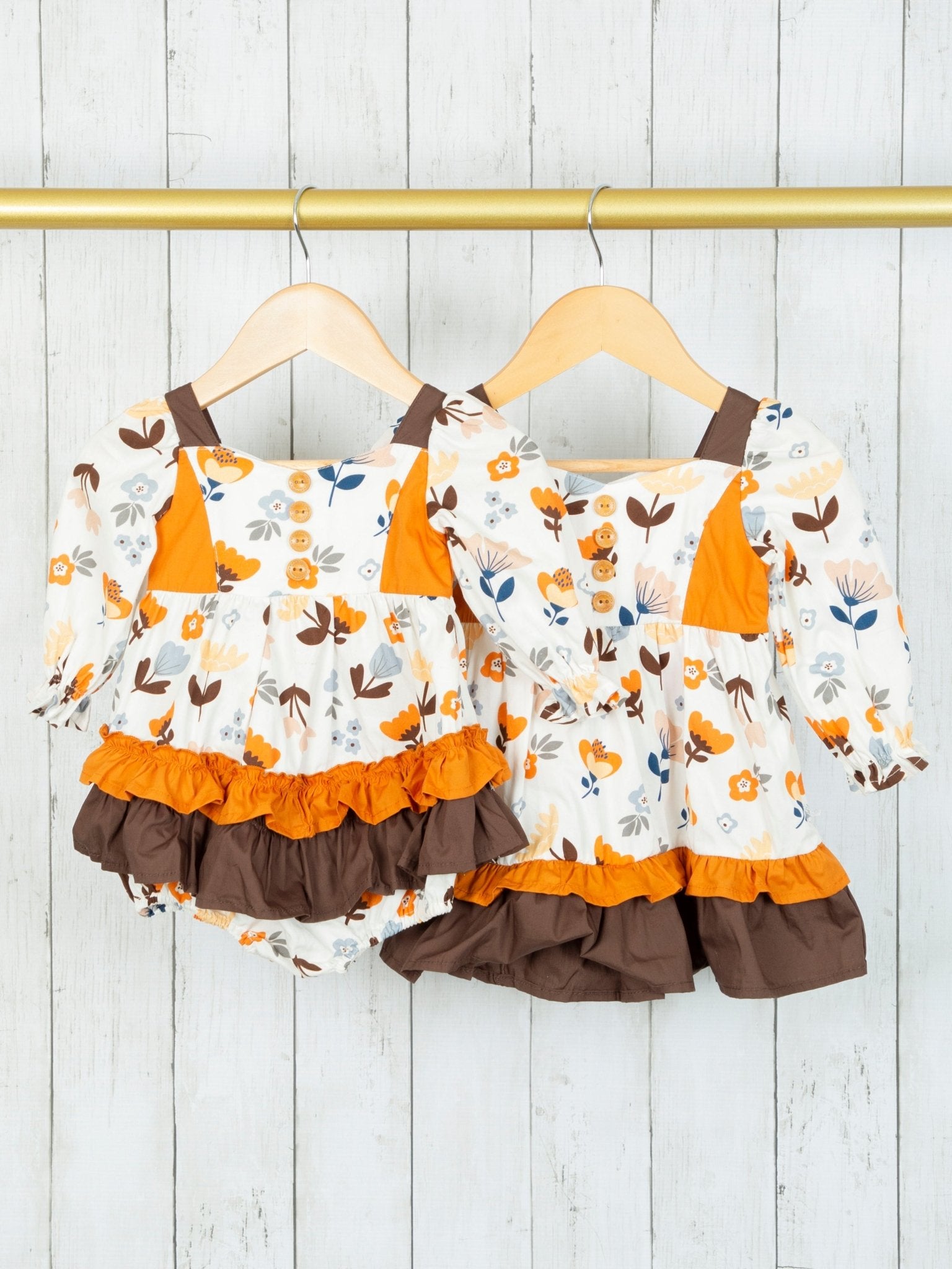 Orange & Brown Fall Floral Ruffle Romper - Marie Nicole Clothing