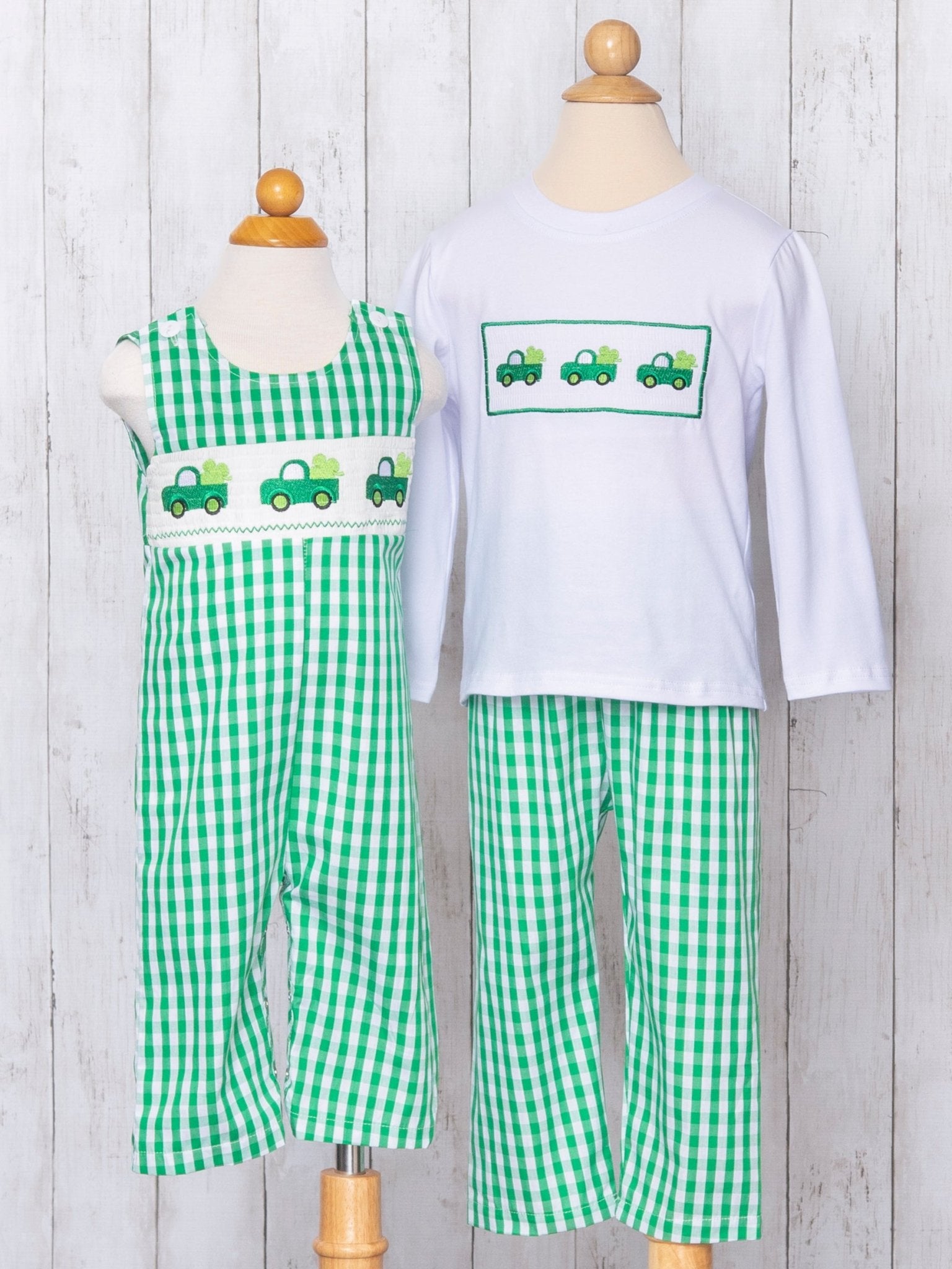 Green Gingham Smocked Clover Truck Johnny - Marie Nicole Clothing