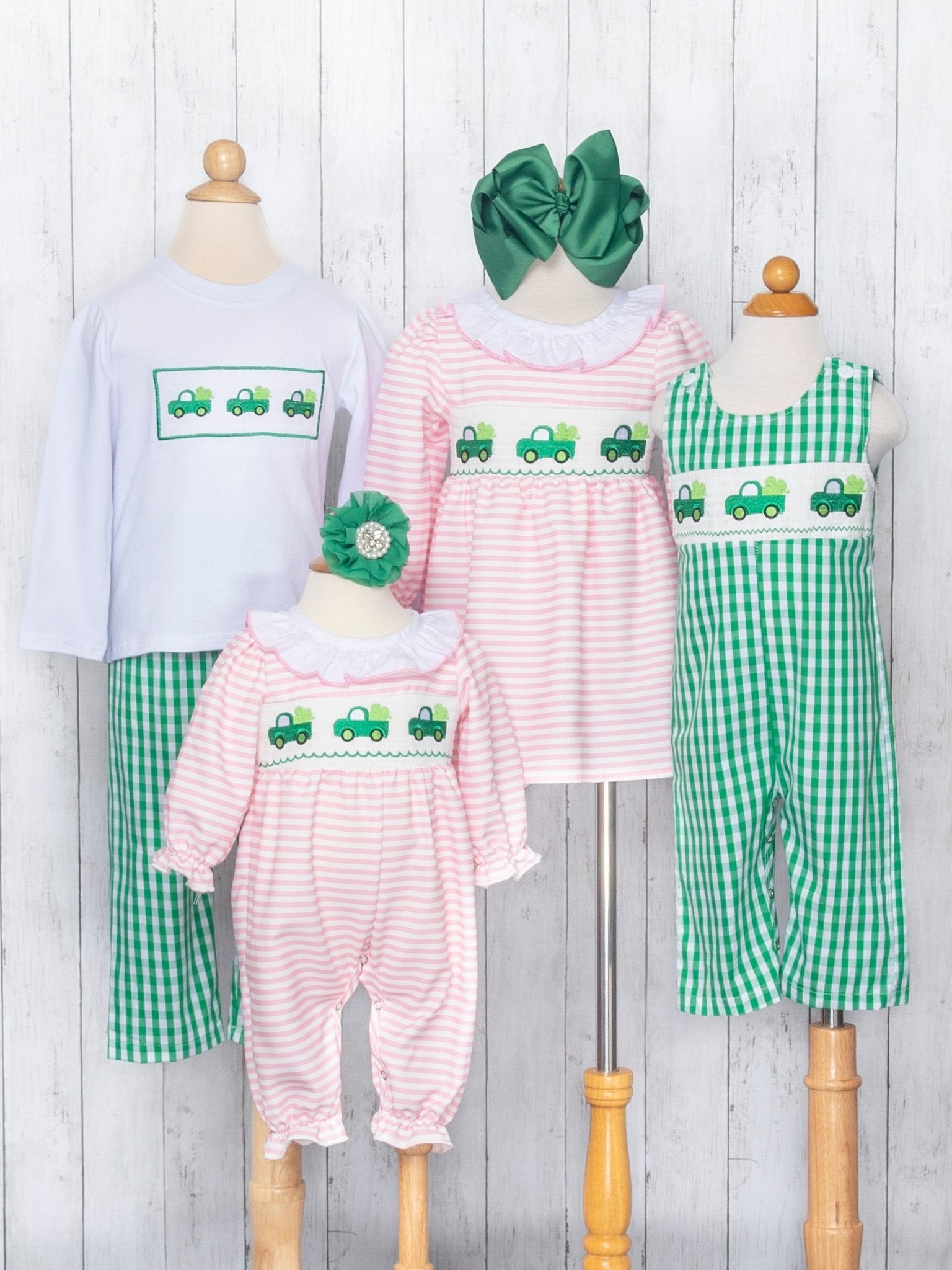 Green Gingham Smocked Clover Truck Johnny - Marie Nicole Clothing