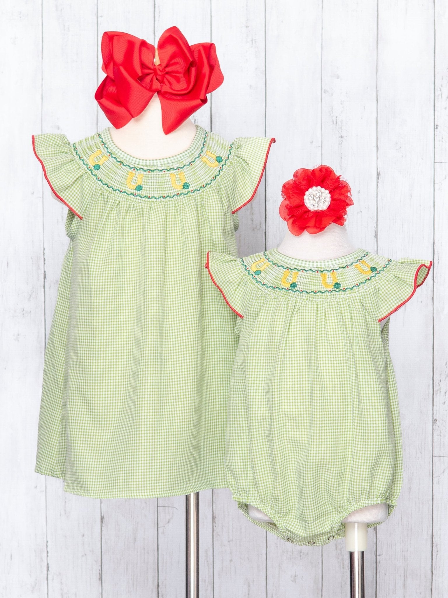 Green Smocked Horse Shoe Ruffle Romper - Marie Nicole Clothing