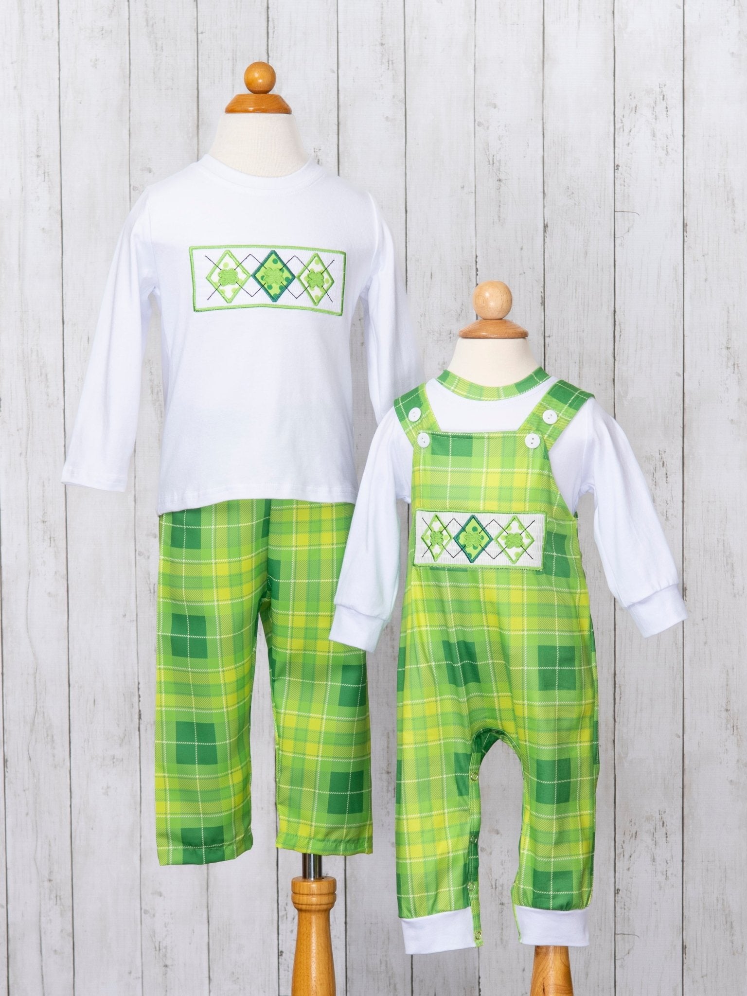 Green Plaid Smocked Clover Overall Romper - Marie Nicole Clothing