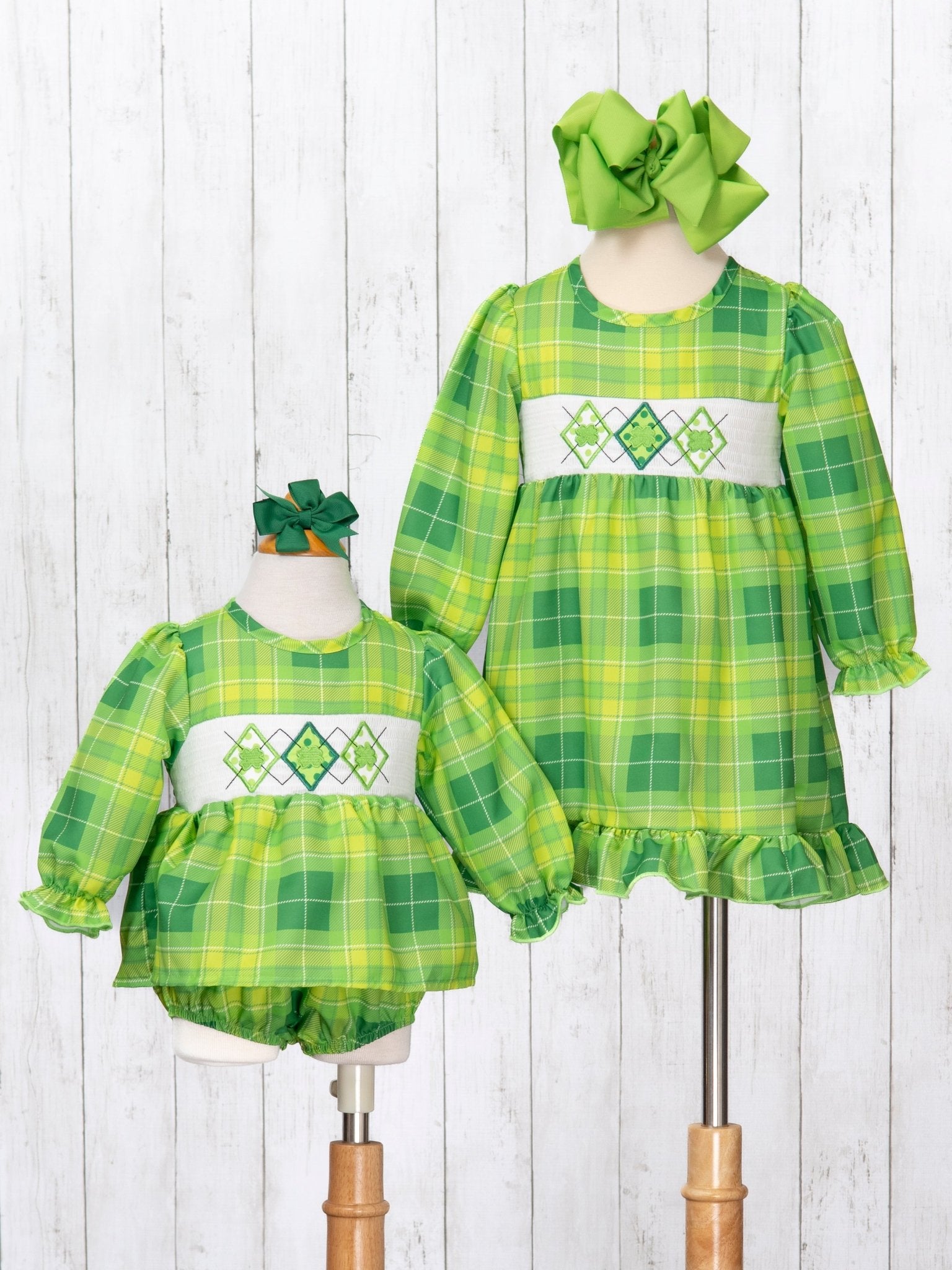 Green Plaid Smocked Clover Ruffle Romper - Marie Nicole Clothing