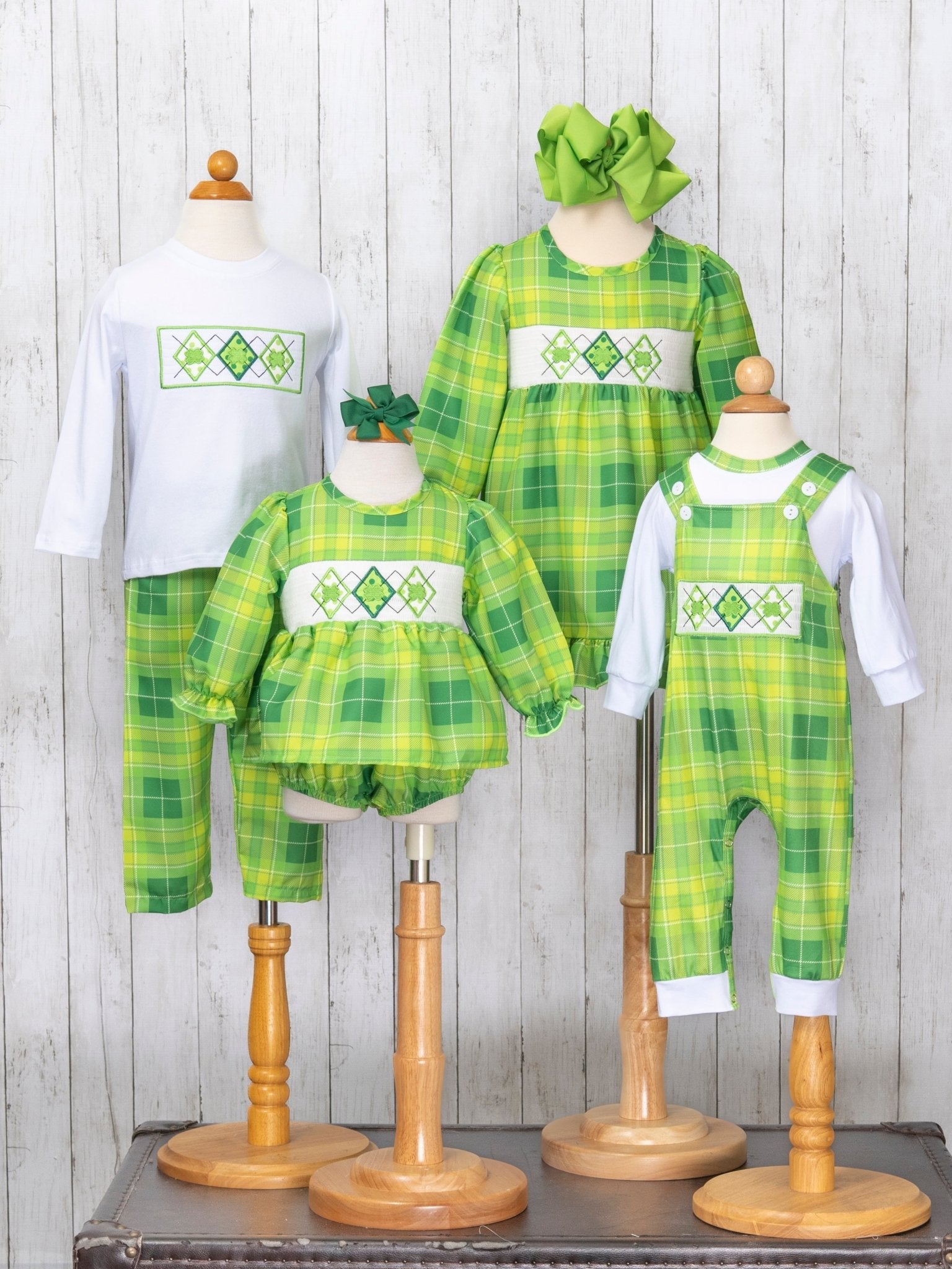 Green Plaid Smocked Clover Outfit - Marie Nicole Clothing