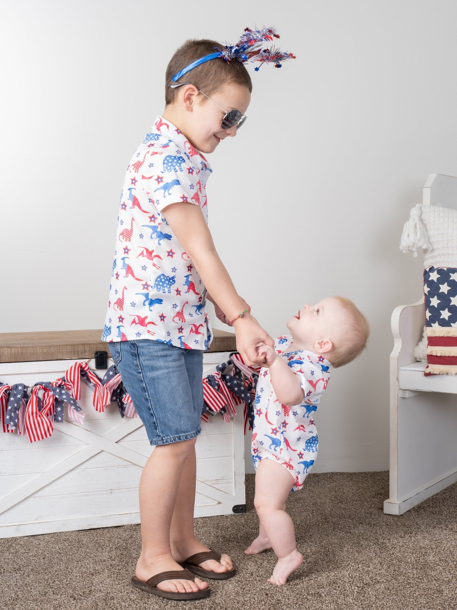 Patriotic Dinosaur Polo Romper - Marie Nicole Clothing