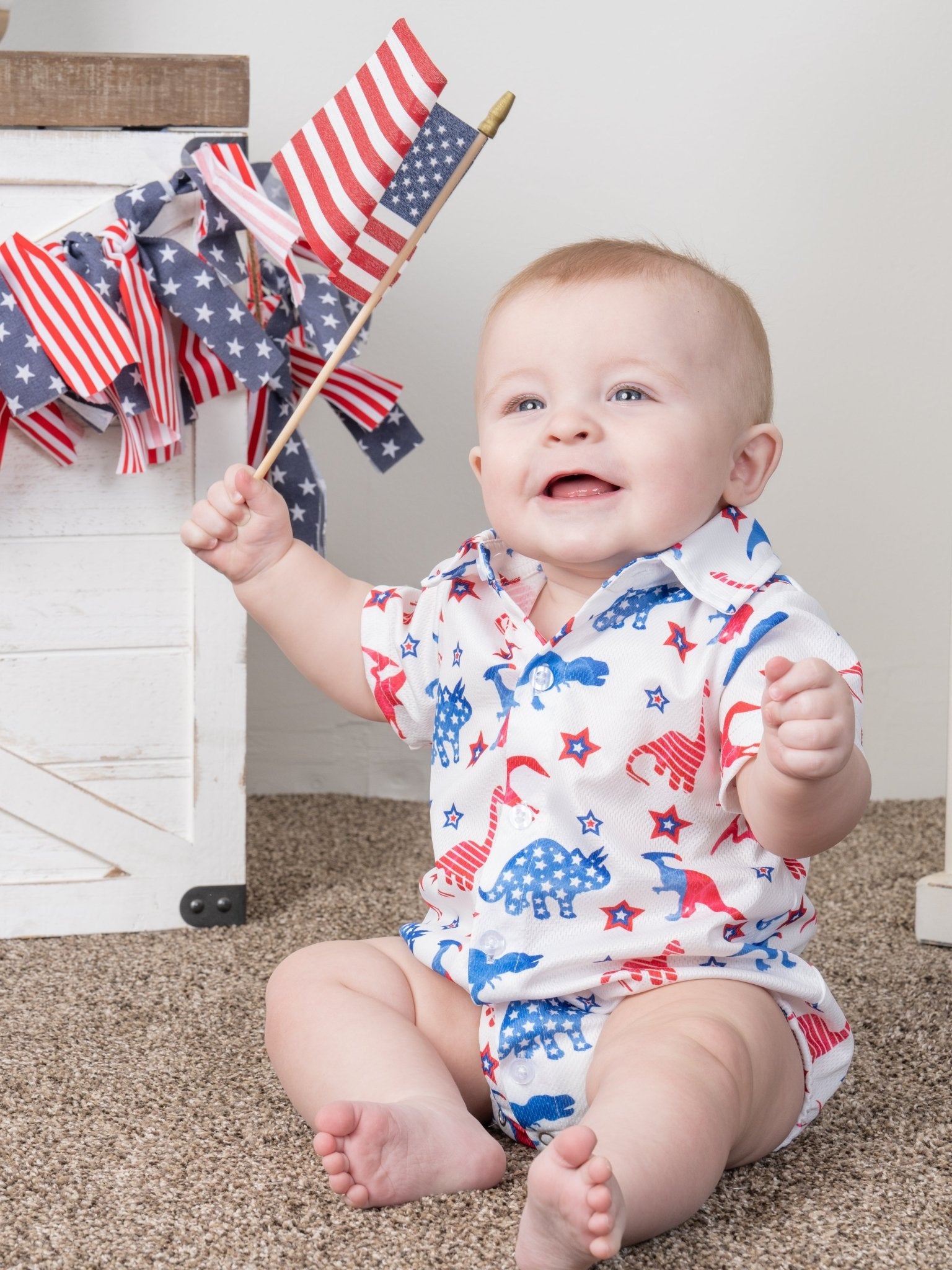 Patriotic Dinosaur Polo Romper - Marie Nicole Clothing