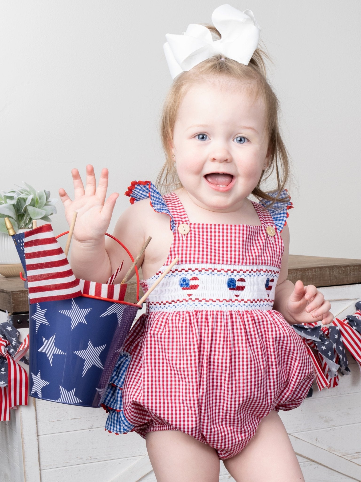 Red Gingham American Heart Smocked Bubble Romper - Marie Nicole Clothing