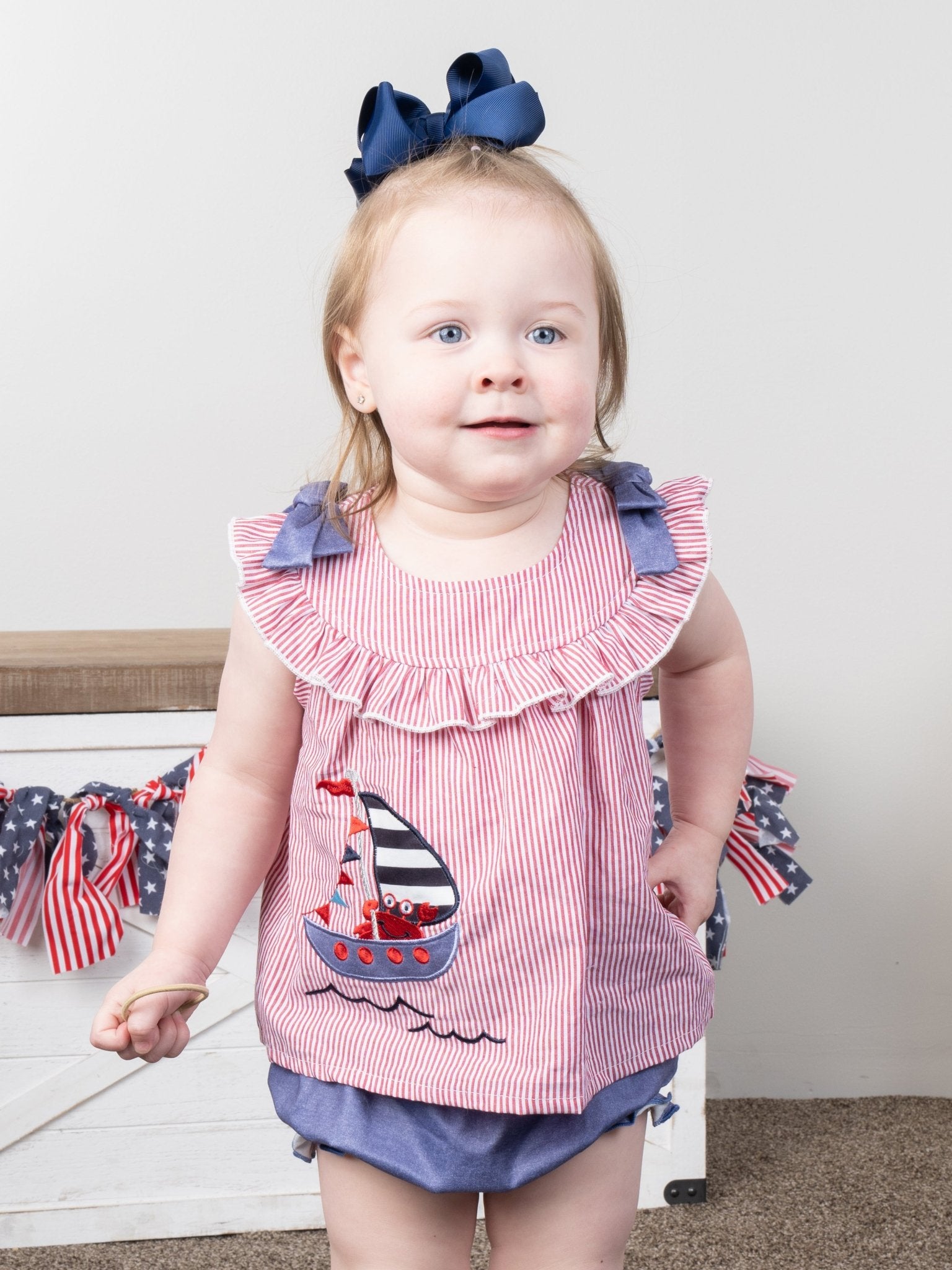 Red Pinstriped Sailboat Bloomers Outfit - Marie Nicole Clothing