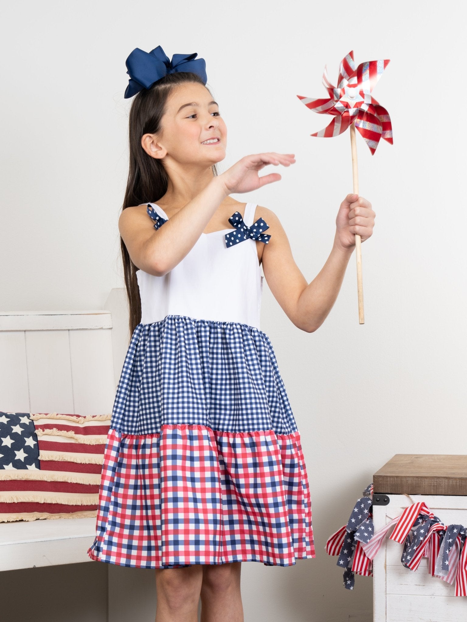 Red & Blue Gingham Bow Dress - Marie Nicole Clothing