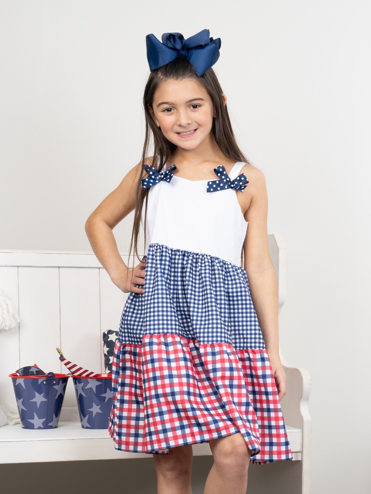 Red & Blue Gingham Bow Dress - Marie Nicole Clothing