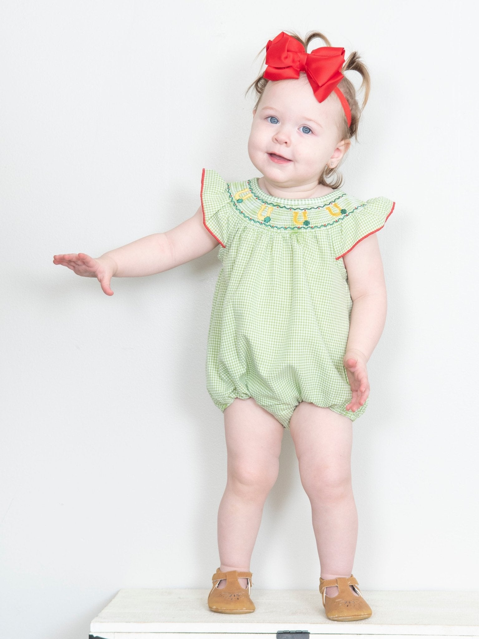 Green Smocked Horse Shoe Ruffle Romper - Marie Nicole Clothing