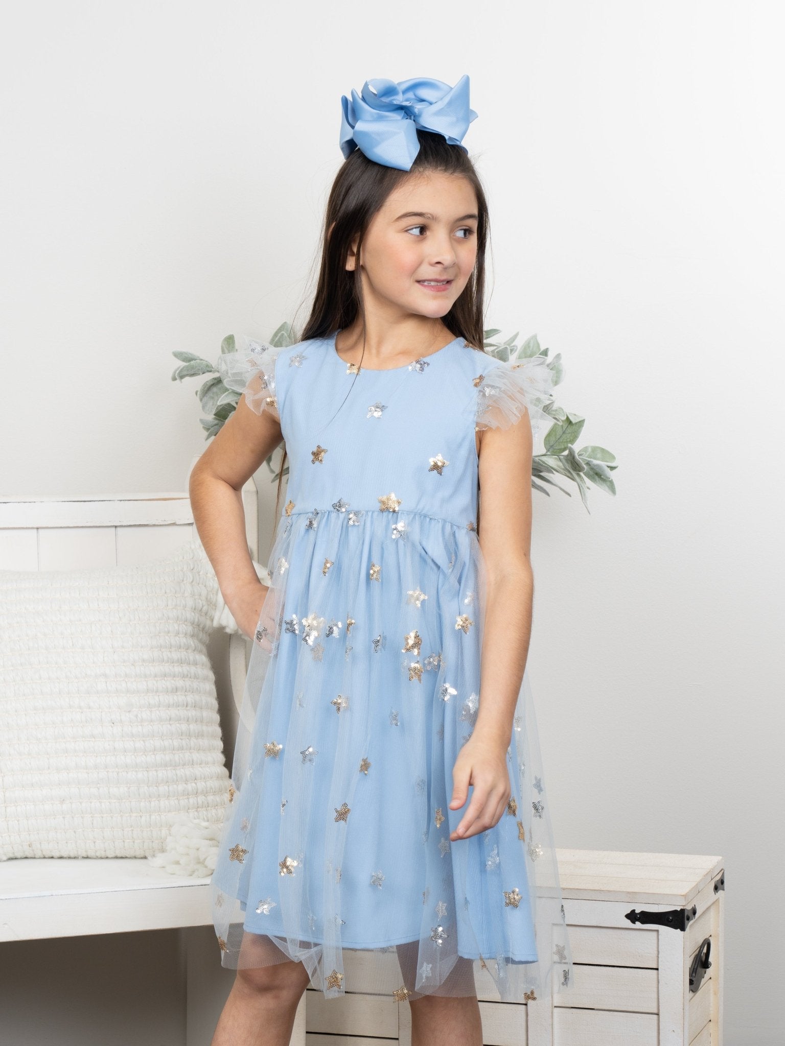 Blue Grey Sequin Star Tulle Dress - Marie Nicole Clothing