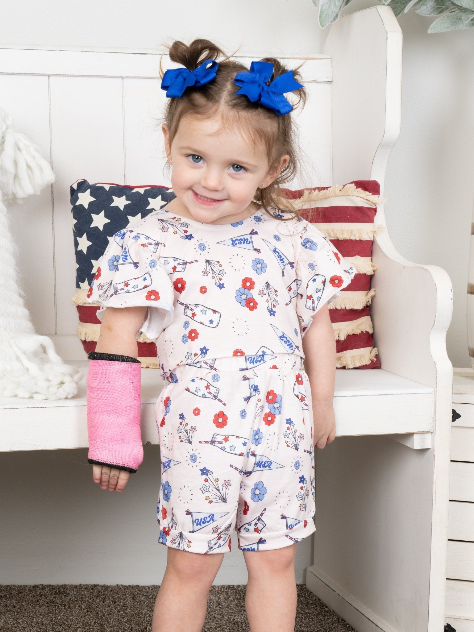 Patriotic Floral Tie Ruffle Bloomers Outfit - Marie Nicole Clothing