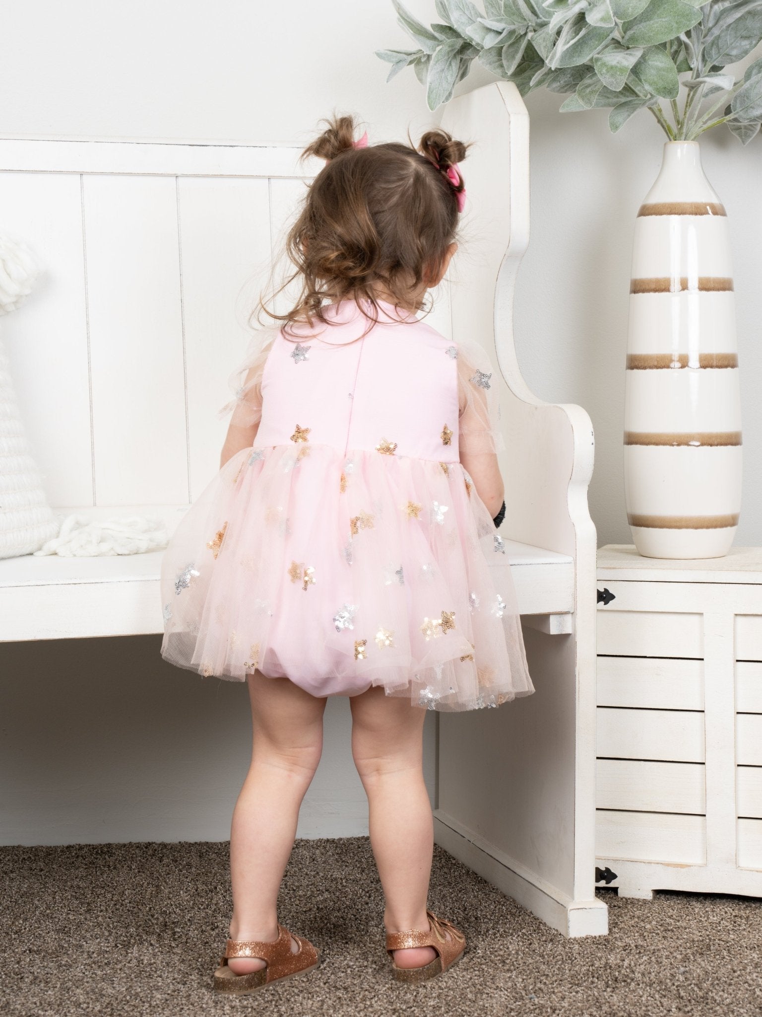 Pink Sequin Star Tulle Bubble Romper - Marie Nicole Clothing